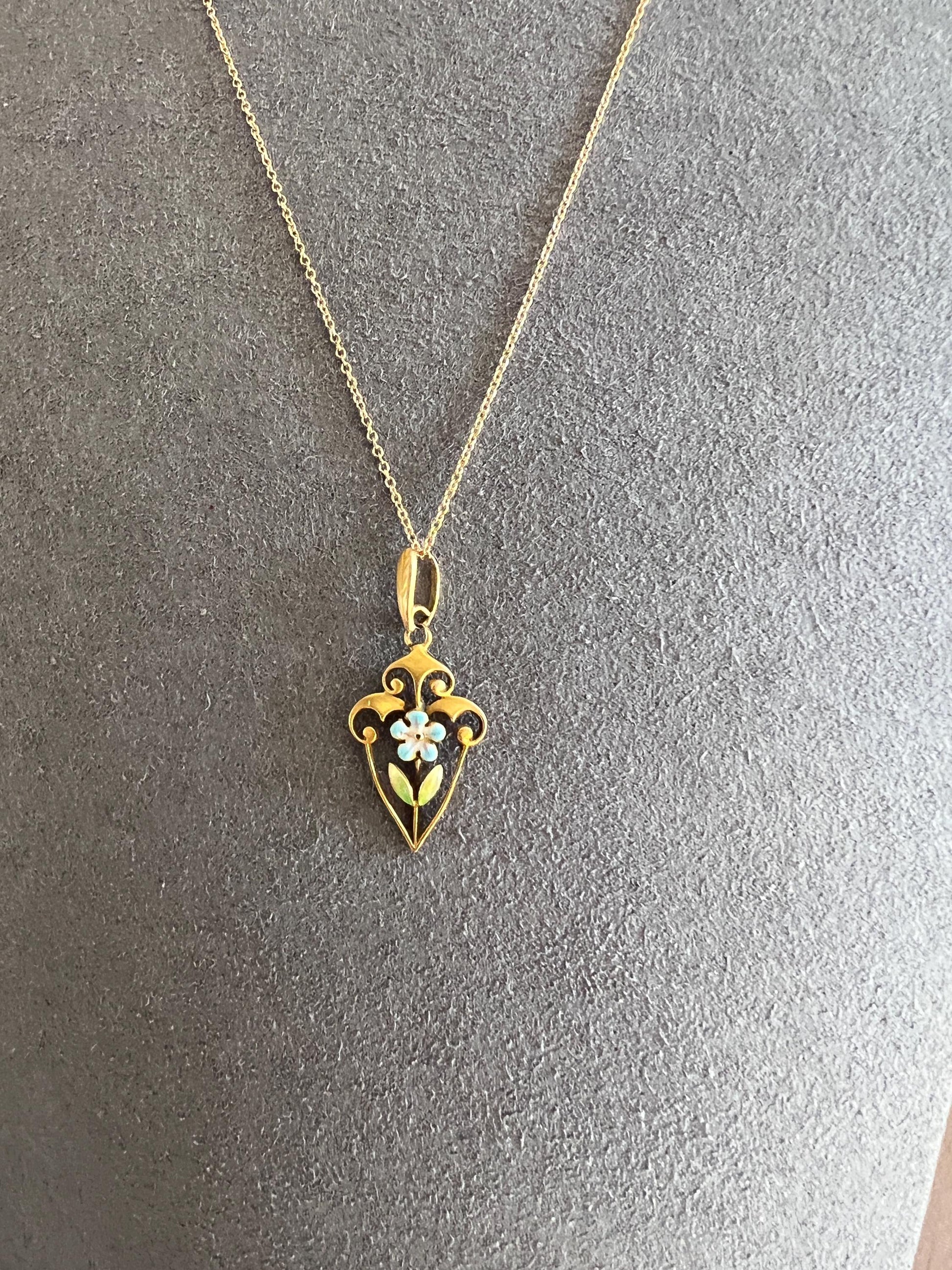 FORGET Me NOT Blue Enamel Floral Antique Necklace Victorian 14k Gold Pendant on Chain Figural Lavalier Minimalist Bridal Something Old Blue
