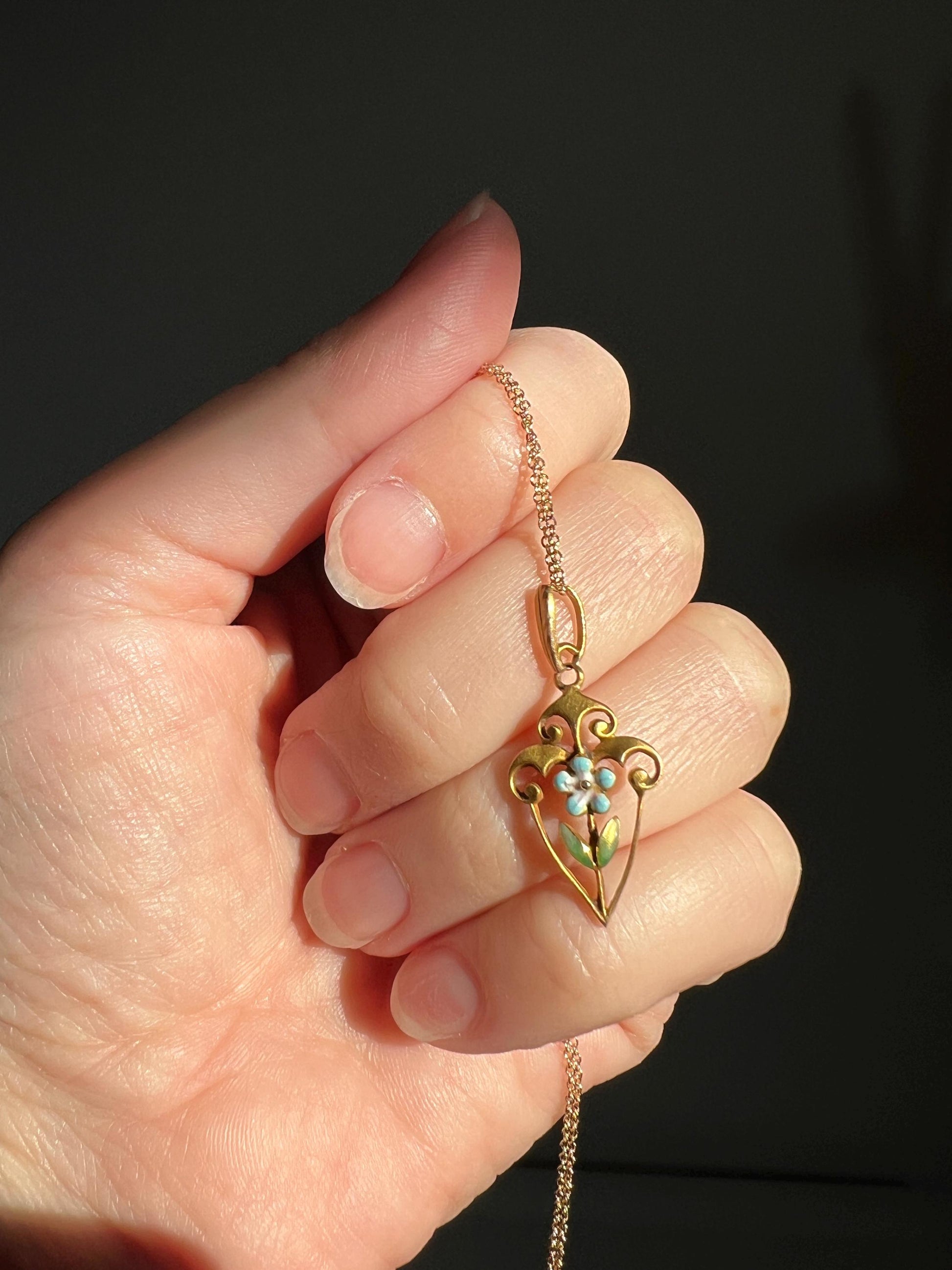 FORGET Me NOT Blue Enamel Floral Antique Necklace Victorian 14k Gold Pendant on Chain Figural Lavalier Minimalist Bridal Something Old Blue