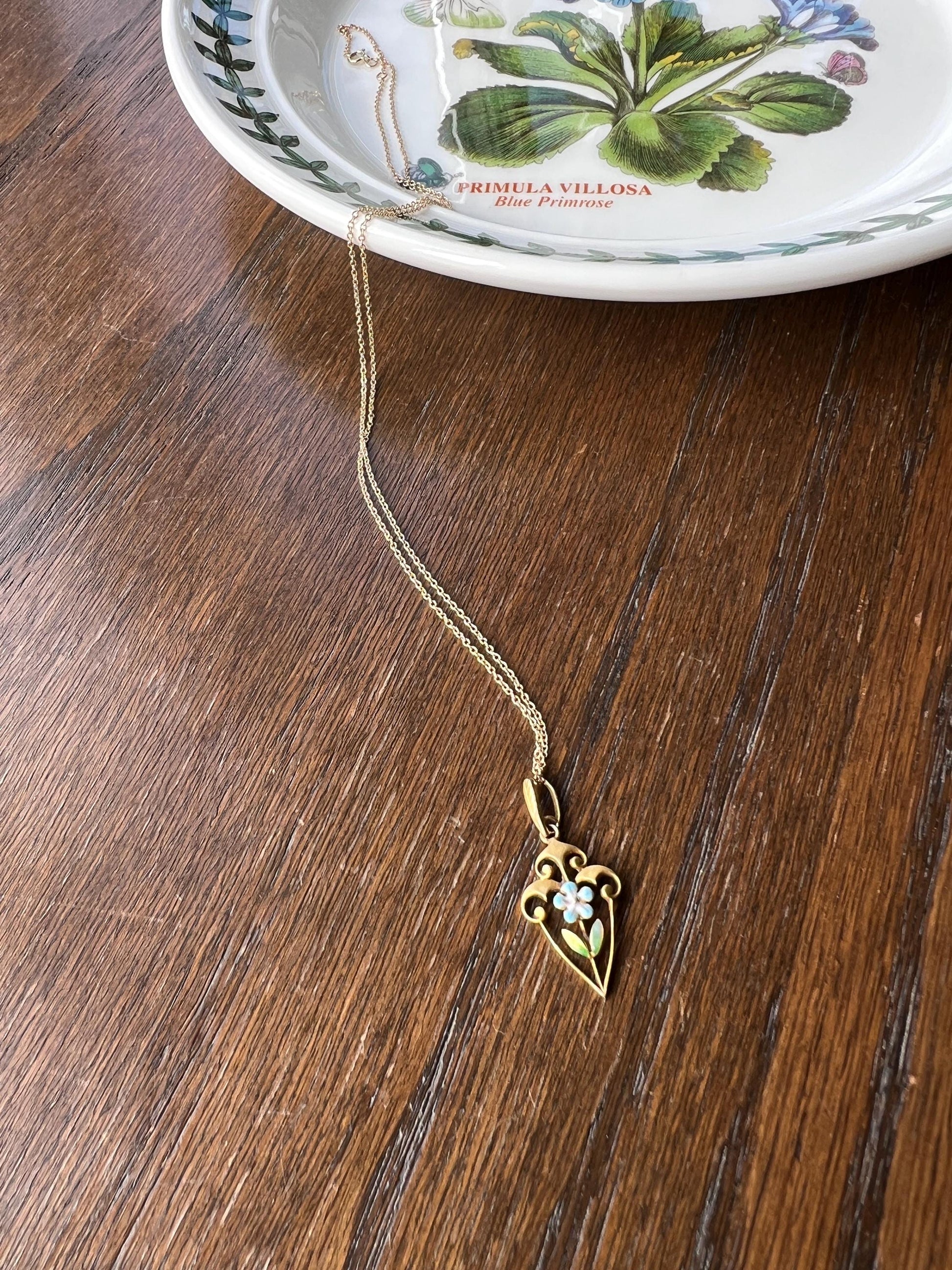 FORGET Me NOT Blue Enamel Floral Antique Necklace Victorian 14k Gold Pendant on Chain Figural Lavalier Minimalist Bridal Something Old Blue