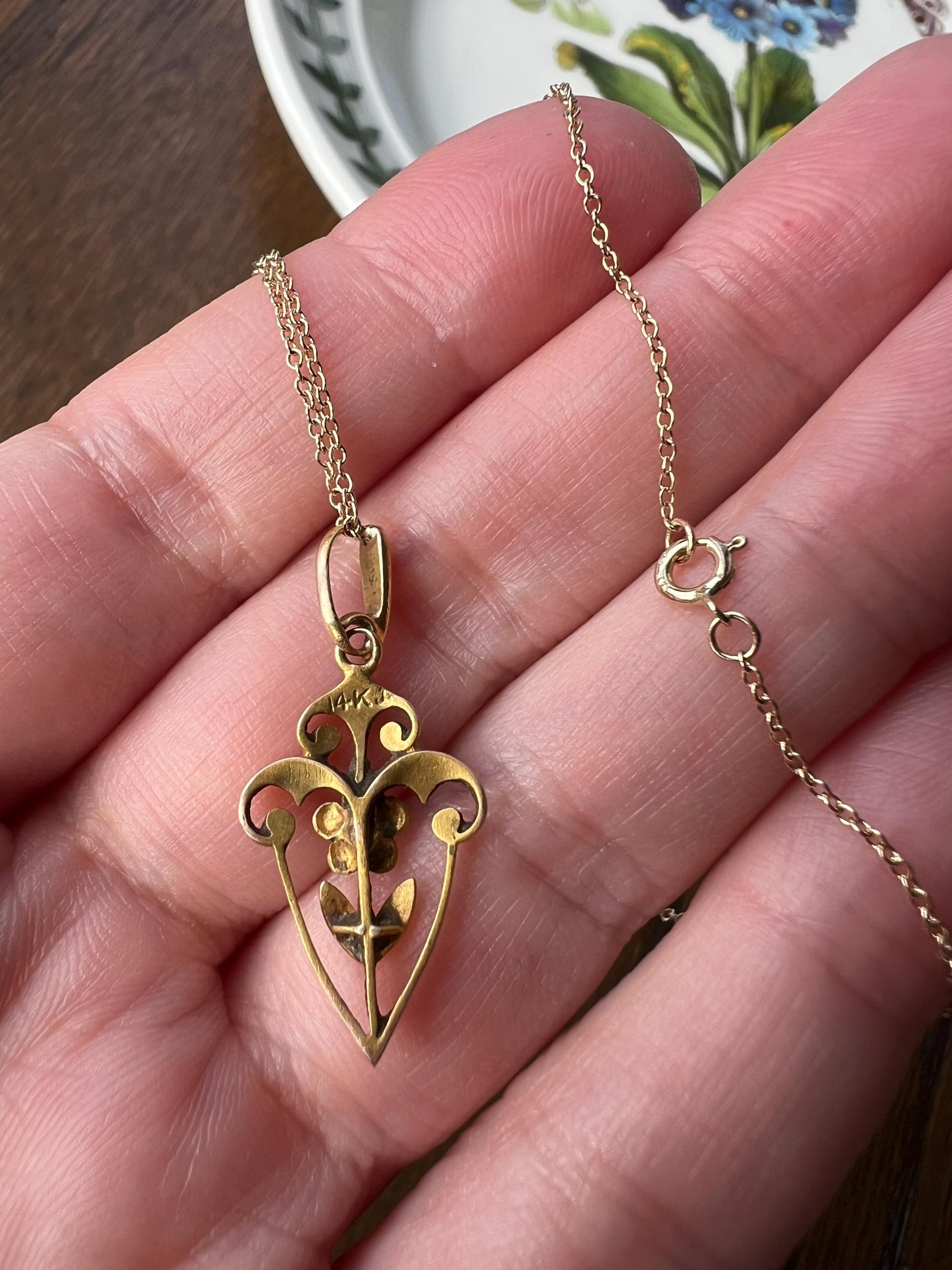 FORGET Me NOT Blue Enamel Floral Antique Necklace Victorian 14k Gold Pendant on Chain Figural Lavalier Minimalist Bridal Something Old Blue