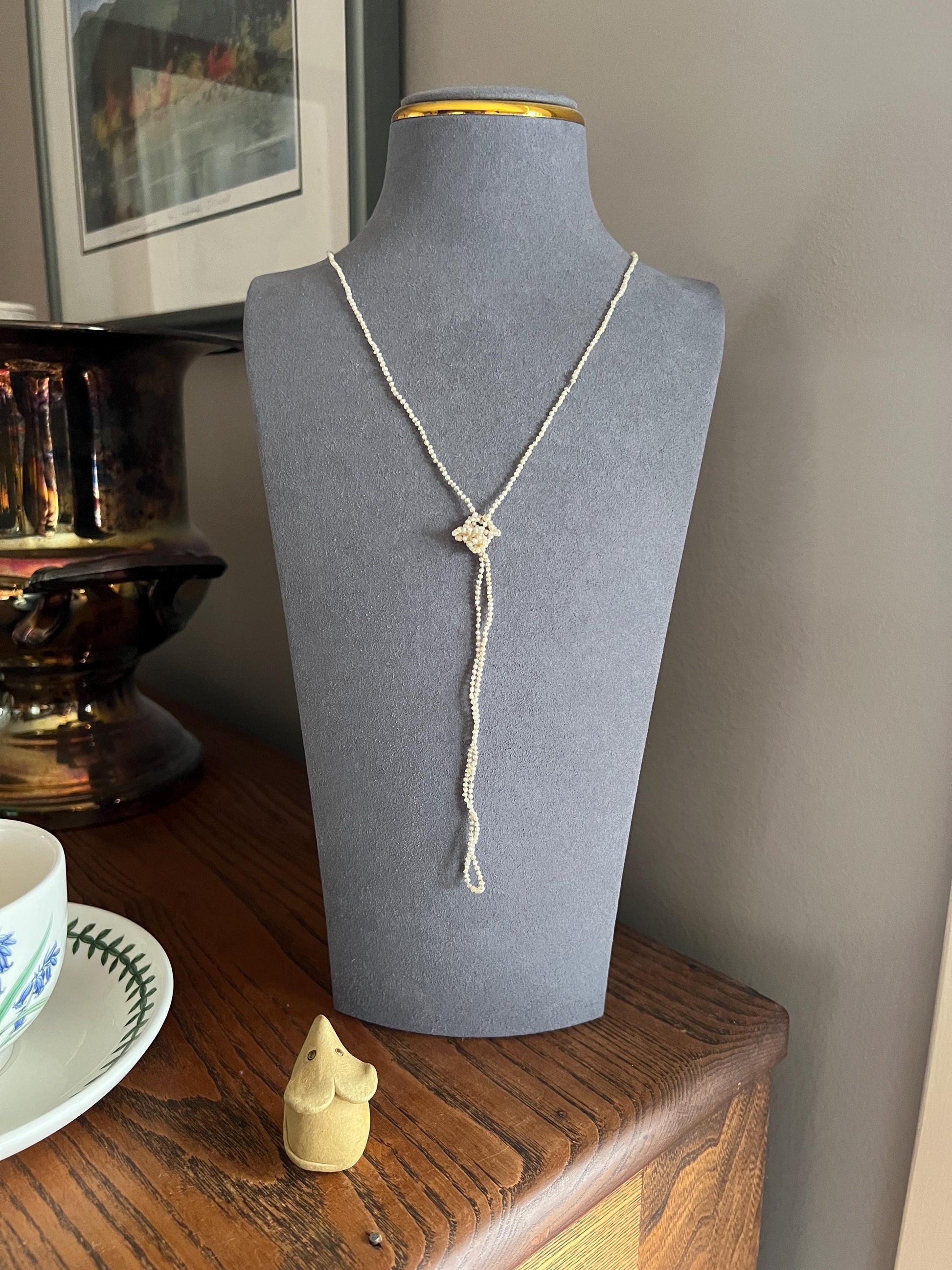 DAINTY Skinniest ANTIQUE Baroque Creamy Rice Seed Pearl Necklace Station Chain X Long 14k Gold Iridescent Hand Knotted Strung Muff Strand