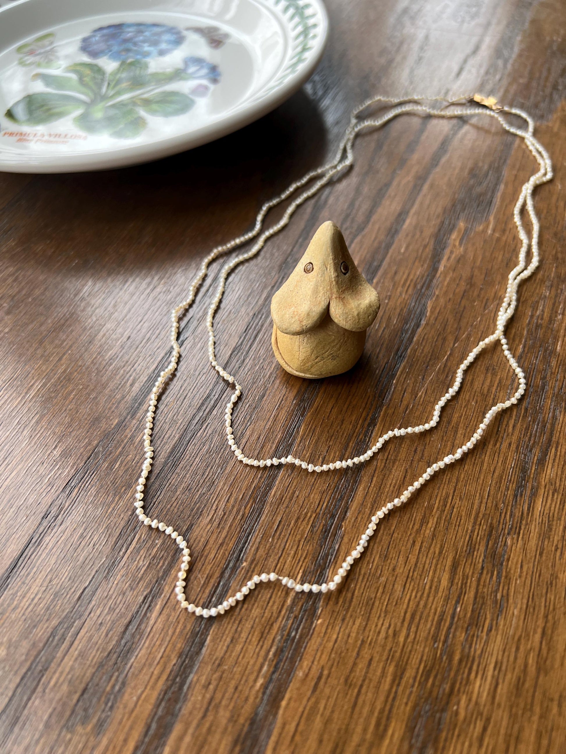 DAINTY Skinniest ANTIQUE Baroque Creamy Rice Seed Pearl Necklace Station Chain X Long 14k Gold Iridescent Hand Knotted Strung Muff Strand