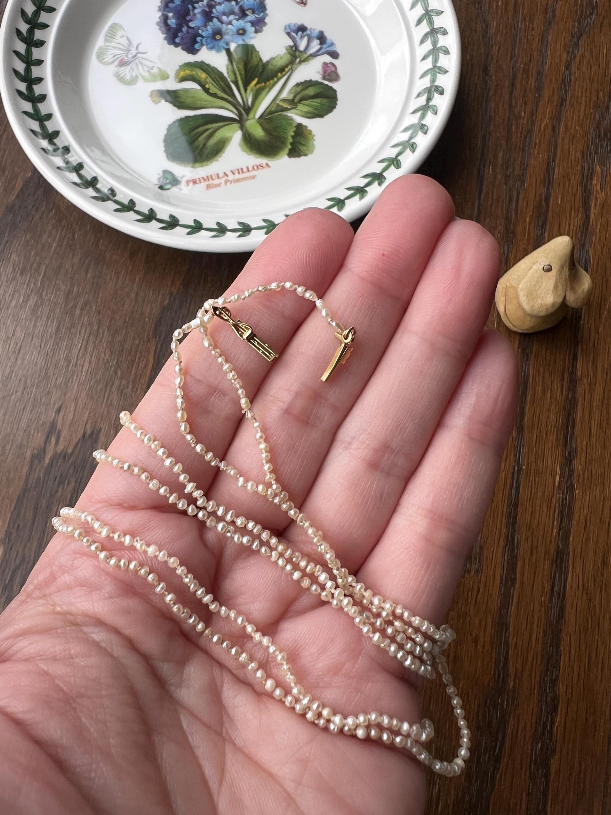 DAINTY Skinniest ANTIQUE Baroque Creamy Rice Seed Pearl Necklace Station Chain X Long 14k Gold Iridescent Hand Knotted Strung Muff Strand
