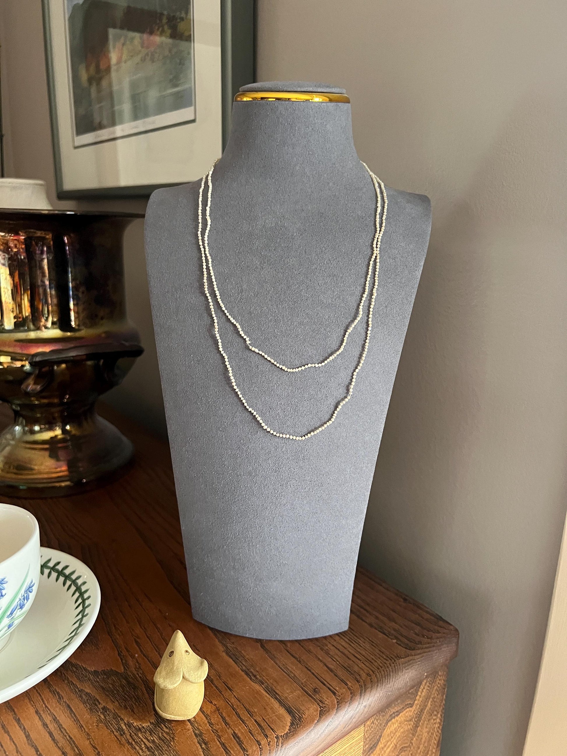 DAINTY Skinniest ANTIQUE Baroque Creamy Rice Seed Pearl Necklace Station Chain X Long 14k Gold Iridescent Hand Knotted Strung Muff Strand