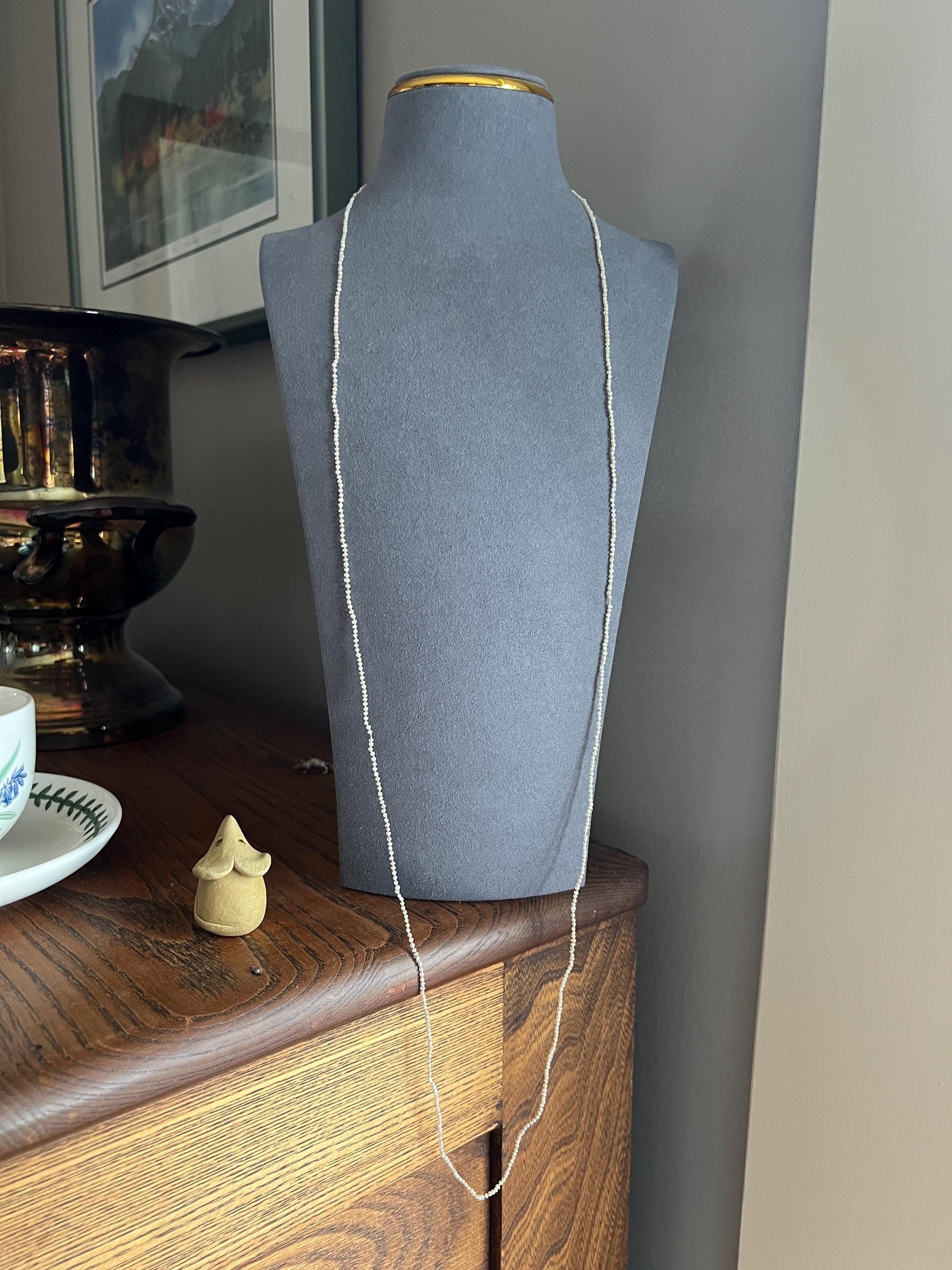 DAINTY Skinniest ANTIQUE Baroque Creamy Rice Seed Pearl Necklace Station Chain X Long 14k Gold Iridescent Hand Knotted Strung Muff Strand