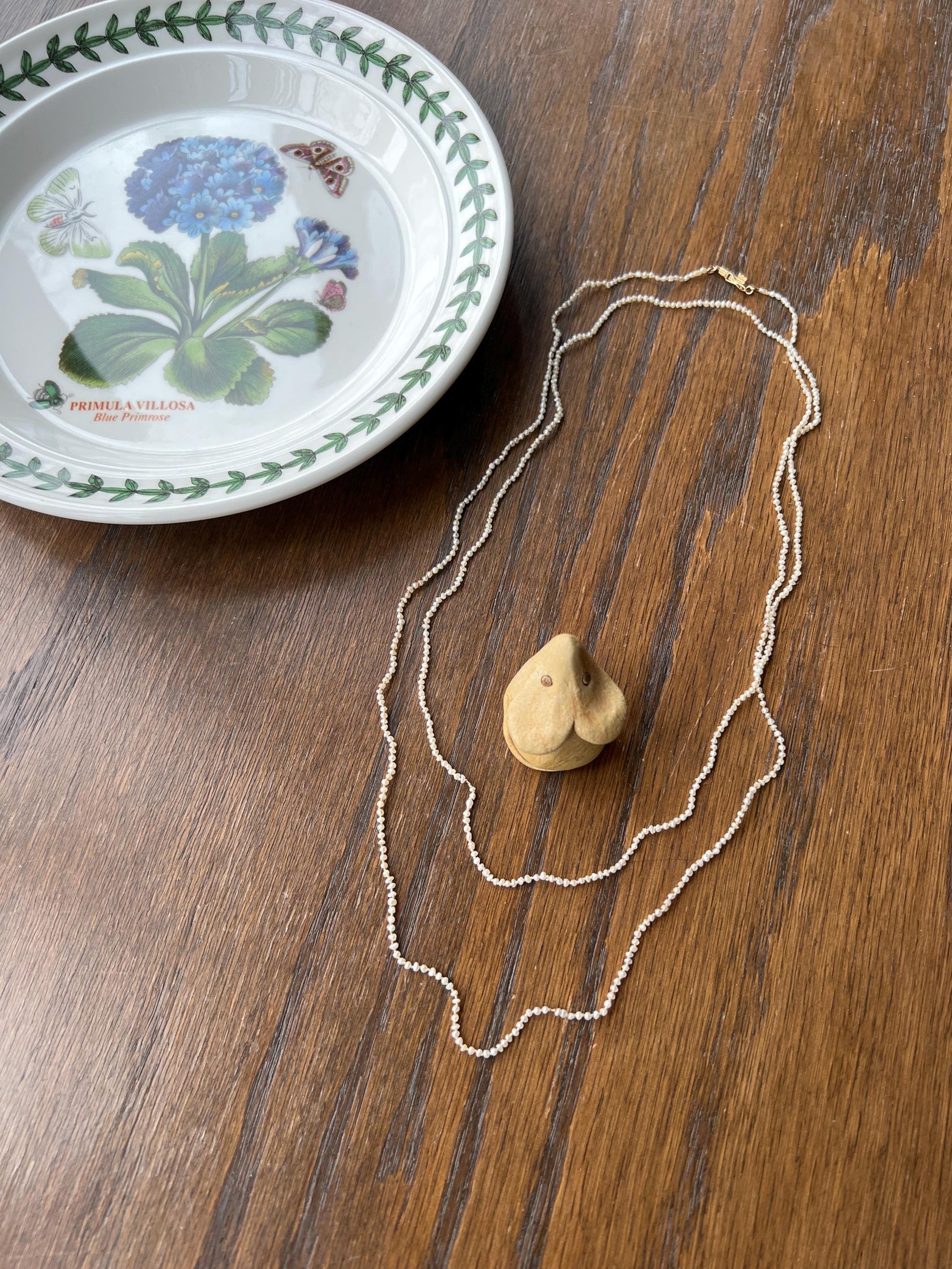 DAINTY Skinniest ANTIQUE Baroque Creamy Rice Seed Pearl Necklace Station Chain X Long 14k Gold Iridescent Hand Knotted Strung Muff Strand