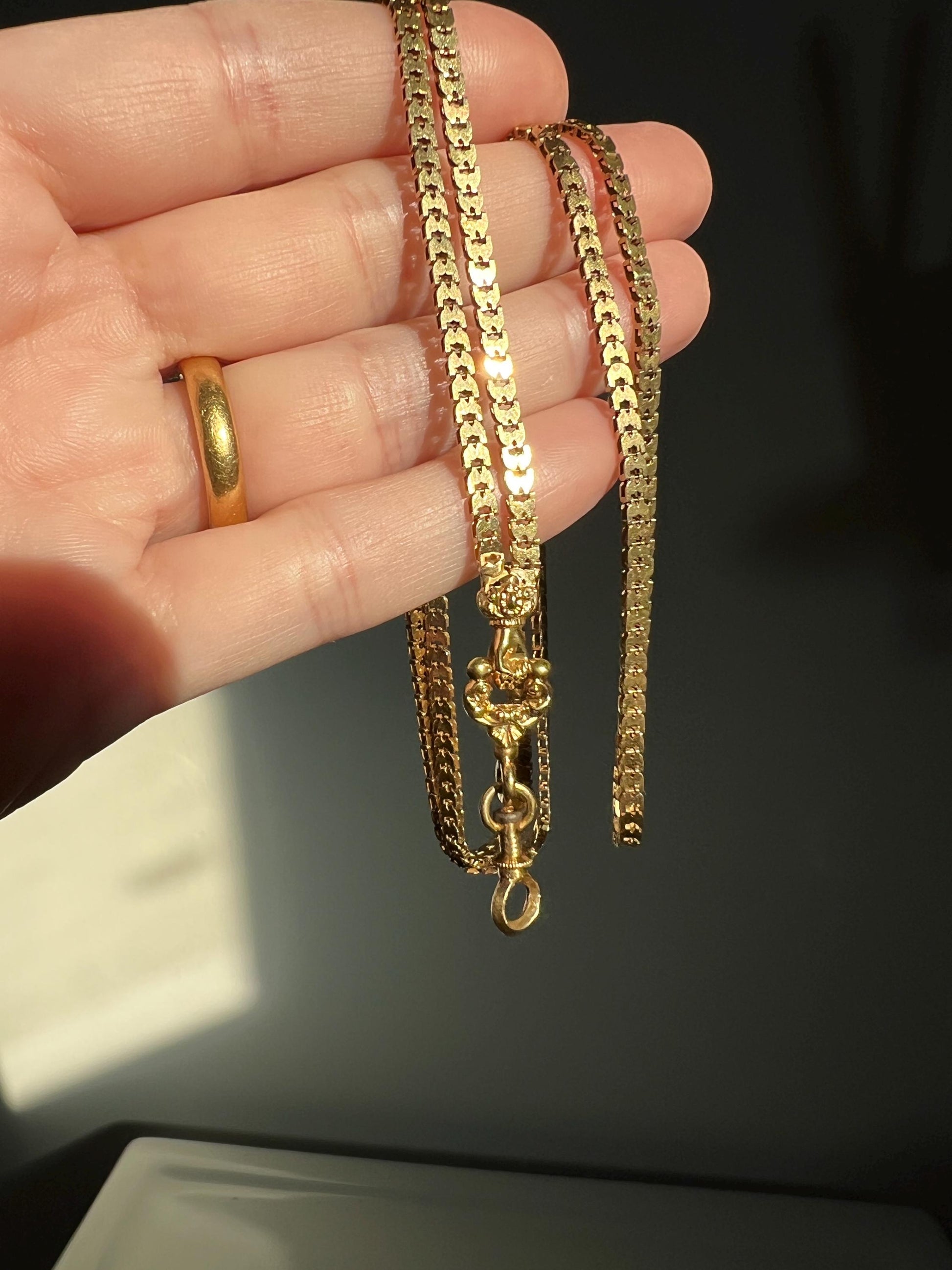 FIST French Antique VICTORIAN Necklace Chain 12g 18k Gold Figural Shimmering Book Link Hand Figa Pendant Holder Dog Clip Neckmess Neckstack