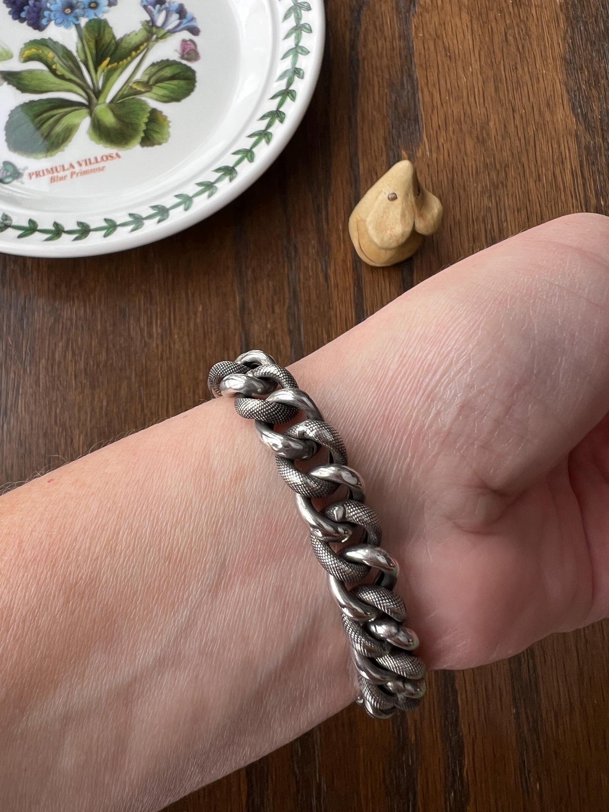 French Antique Solid SILVER Chunky Snake Skin Curb Cuban Link CHAIN Bracelet Found in France Heart Charm Ornament Wriststack