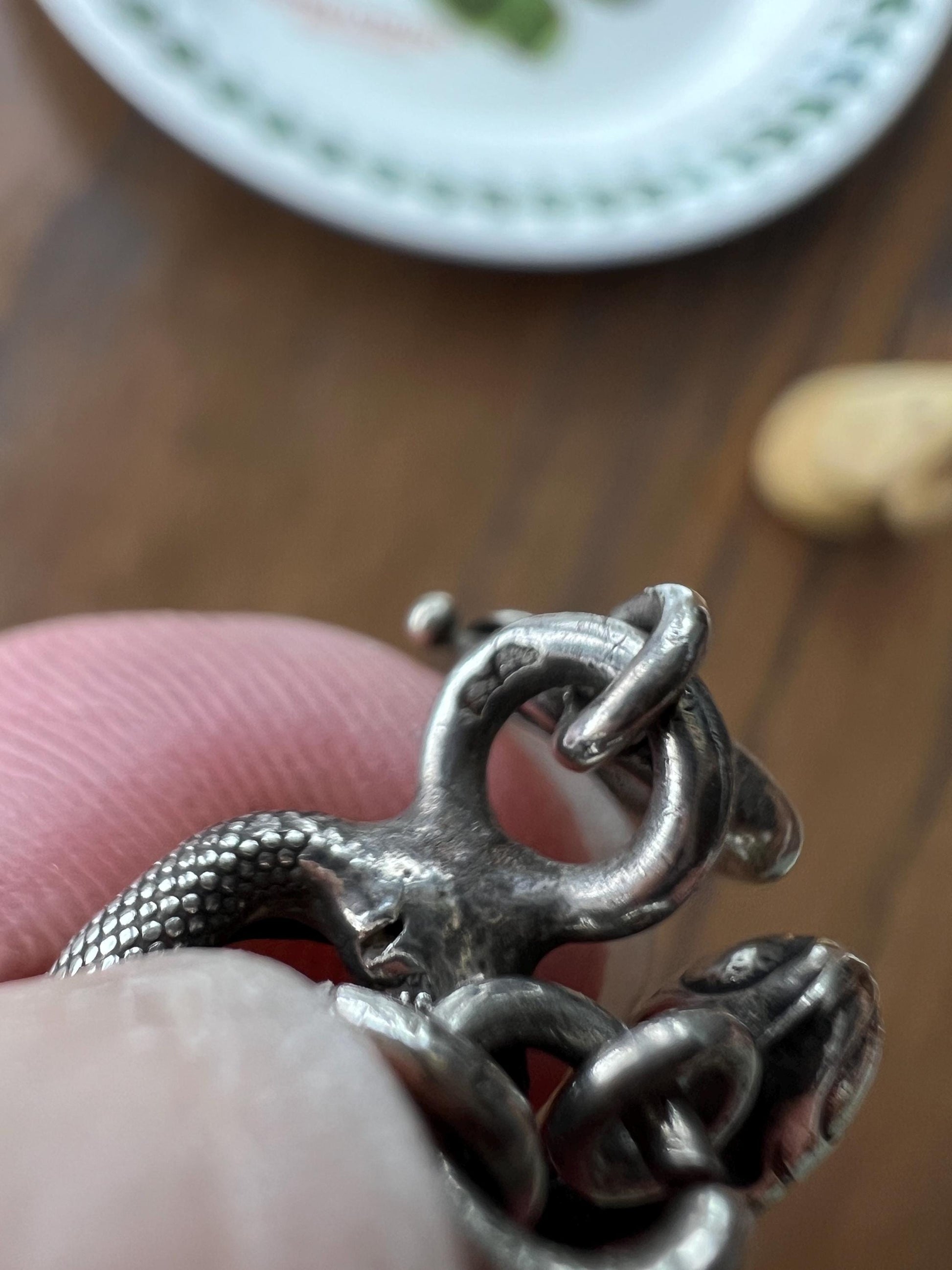 French Antique Solid SILVER Chunky Snake Skin Curb Cuban Link CHAIN Bracelet Found in France Heart Charm Ornament Wriststack