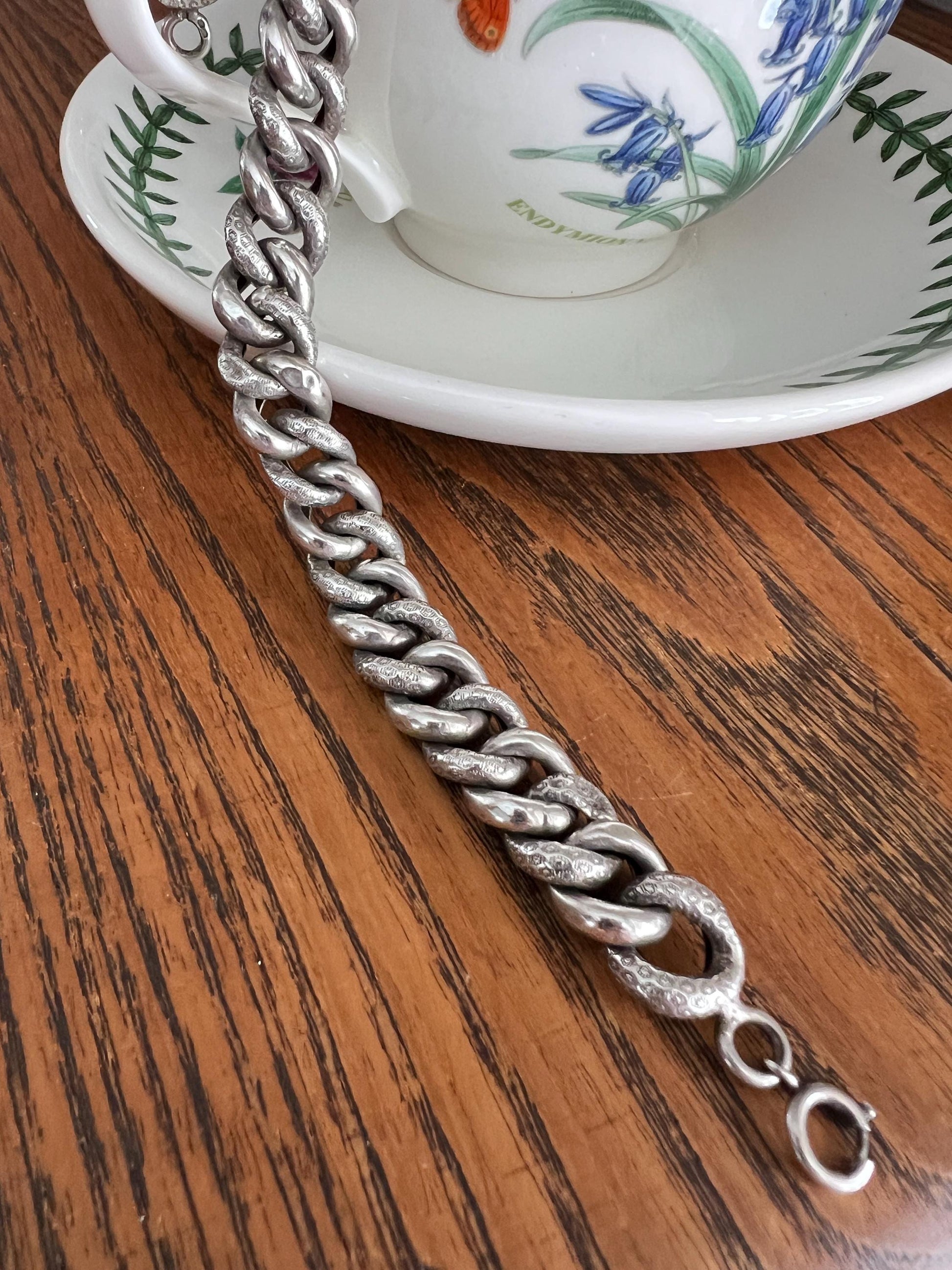 French Antique Solid SILVER Chunky Alternating Texture Curb Cuban Link CHAIN Bracelet Found in France Wriststack