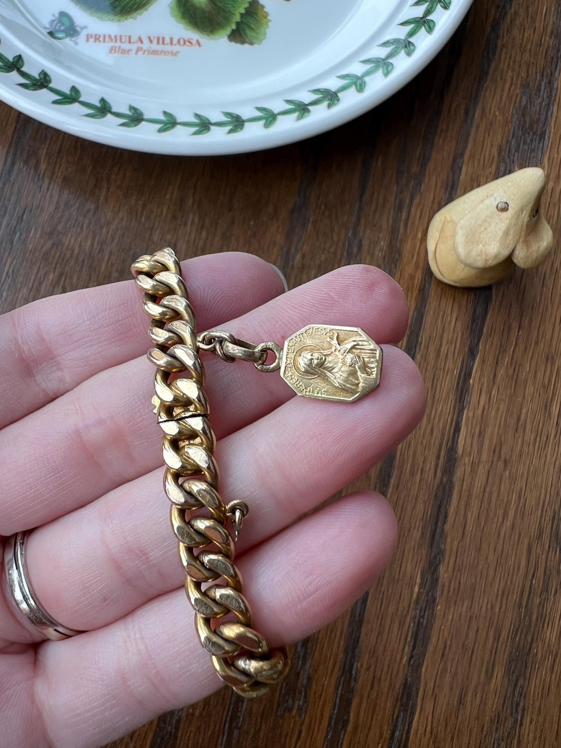 French "I will make roses rain" Antique Rose Gold Fill Curb Link CHAIN Wide BRACELET Rosy Floral Virgin Mary Saint Therese Medal Wriststack