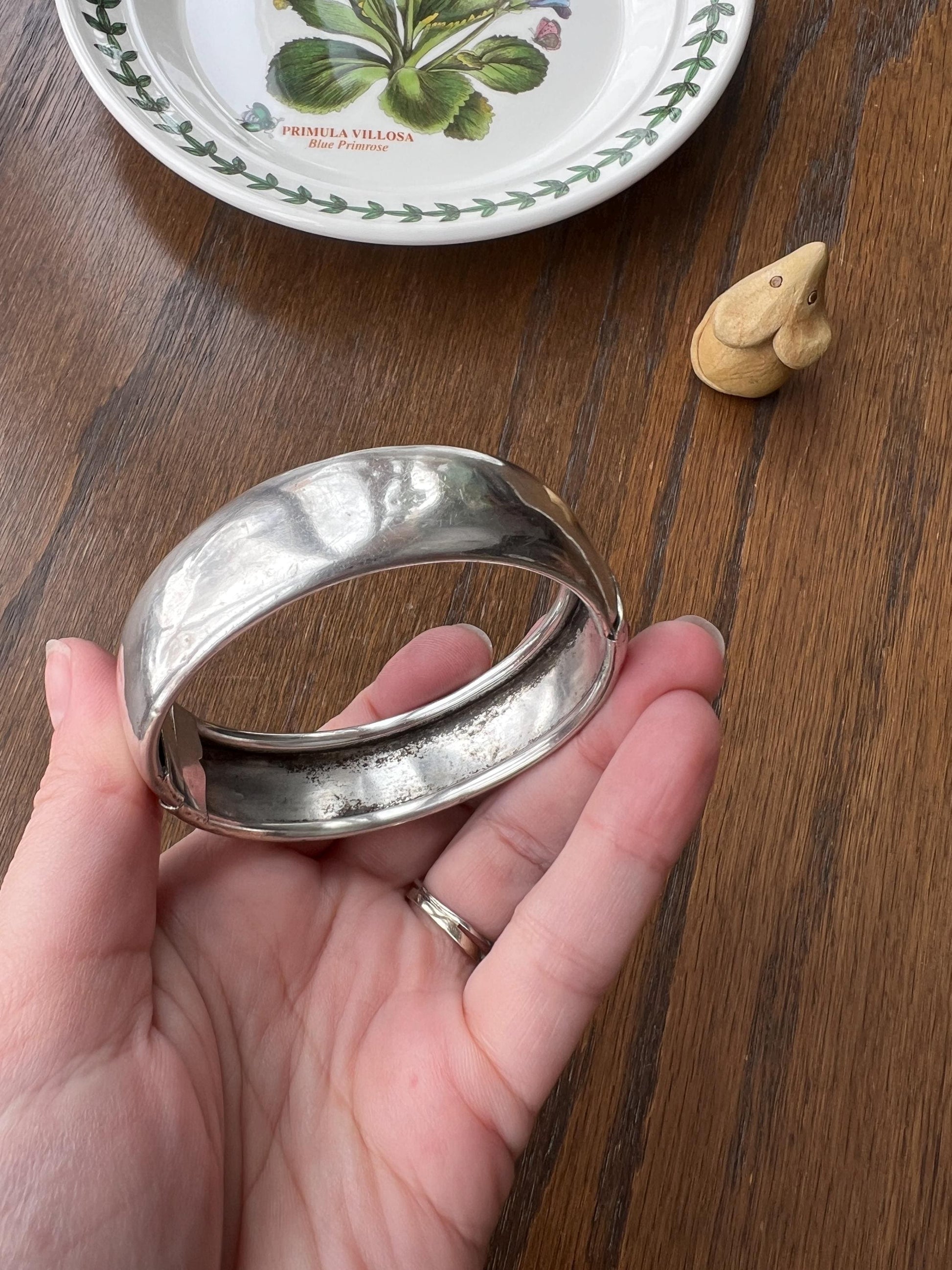 FLORAL Forget Me Not Antique Silver Plate BANGLE Bracelet Rose Gold Vermeil Chunky Cuff Wriststack Hinged Two Tone Ribbon Flowers