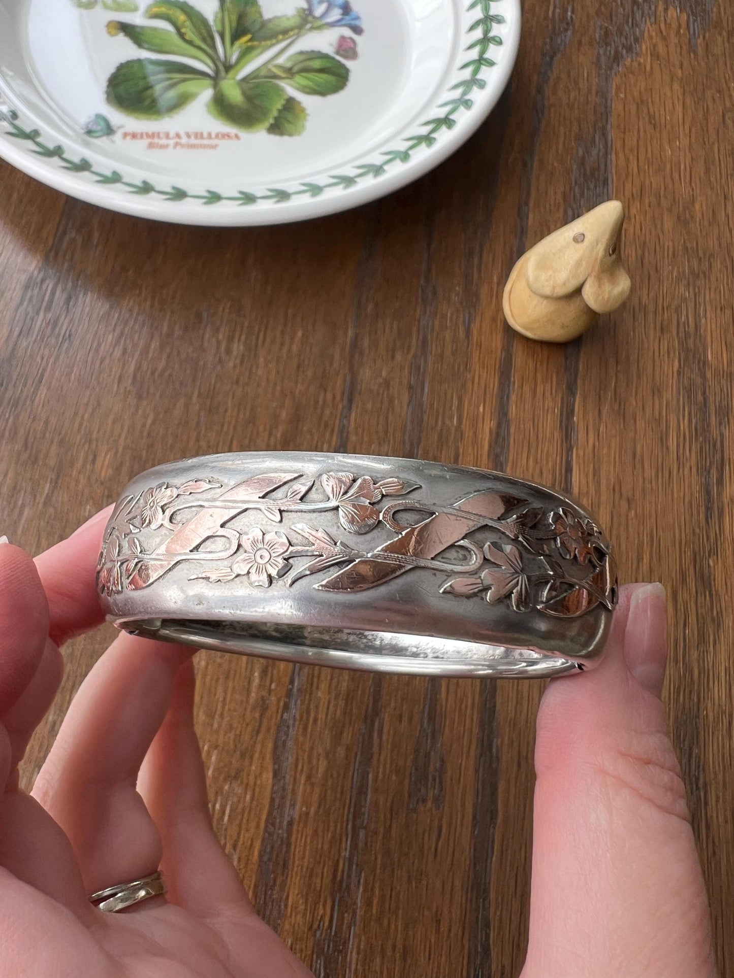 FLORAL Forget Me Not Antique Silver Plate BANGLE Bracelet Rose Gold Vermeil Chunky Cuff Wriststack Hinged Two Tone Ribbon Flowers