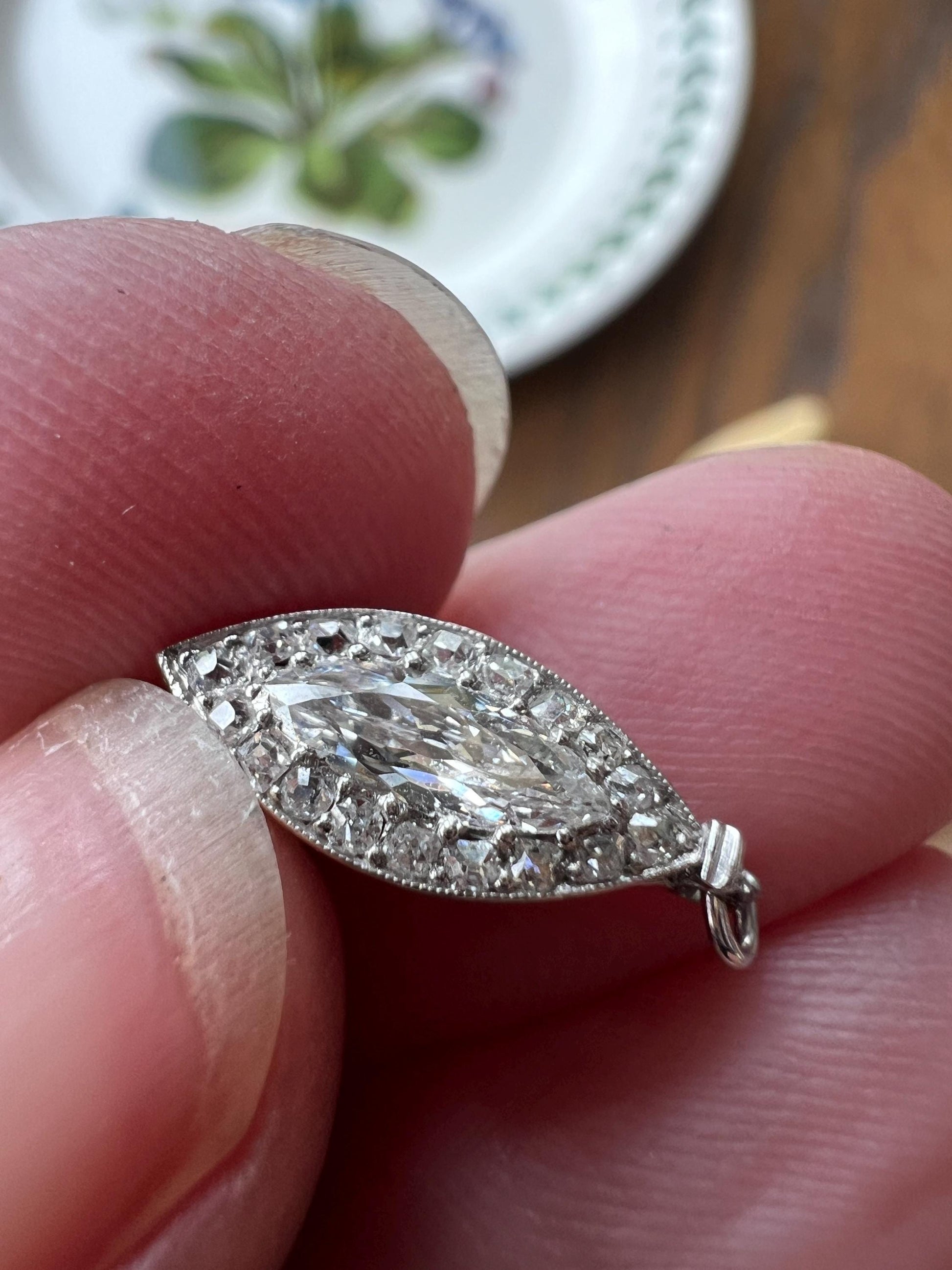 Antique Old Cut MARQUISE Diamond Old Mine Halo CLASP Pendant 18k White Gold French Art Deco Bridal Something Old Neckmess Parts Findings Omc