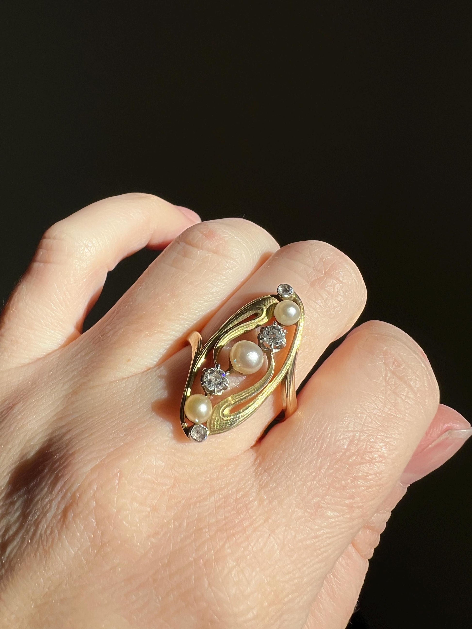 Delicious French Art NOUVEAU Antique Belle Epoque Rose Old Mine Cut DIAMOND Pearl SWIRL Whiplash 18k Gold Ring Large 1" Face Love Gift OmC