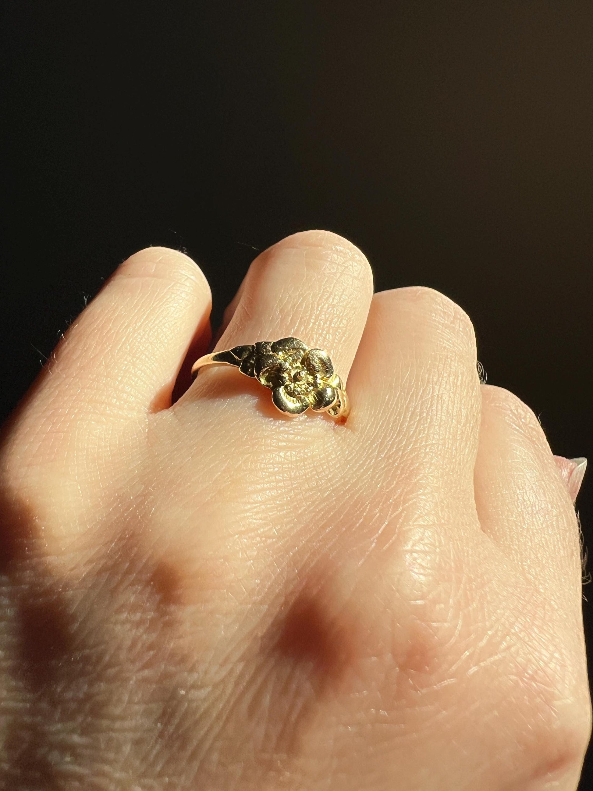 Wild ROSE Flower French Antique Figural Floral RING 18k Gold Solid Romantic Gift Victorian Belle Epoque Stacker