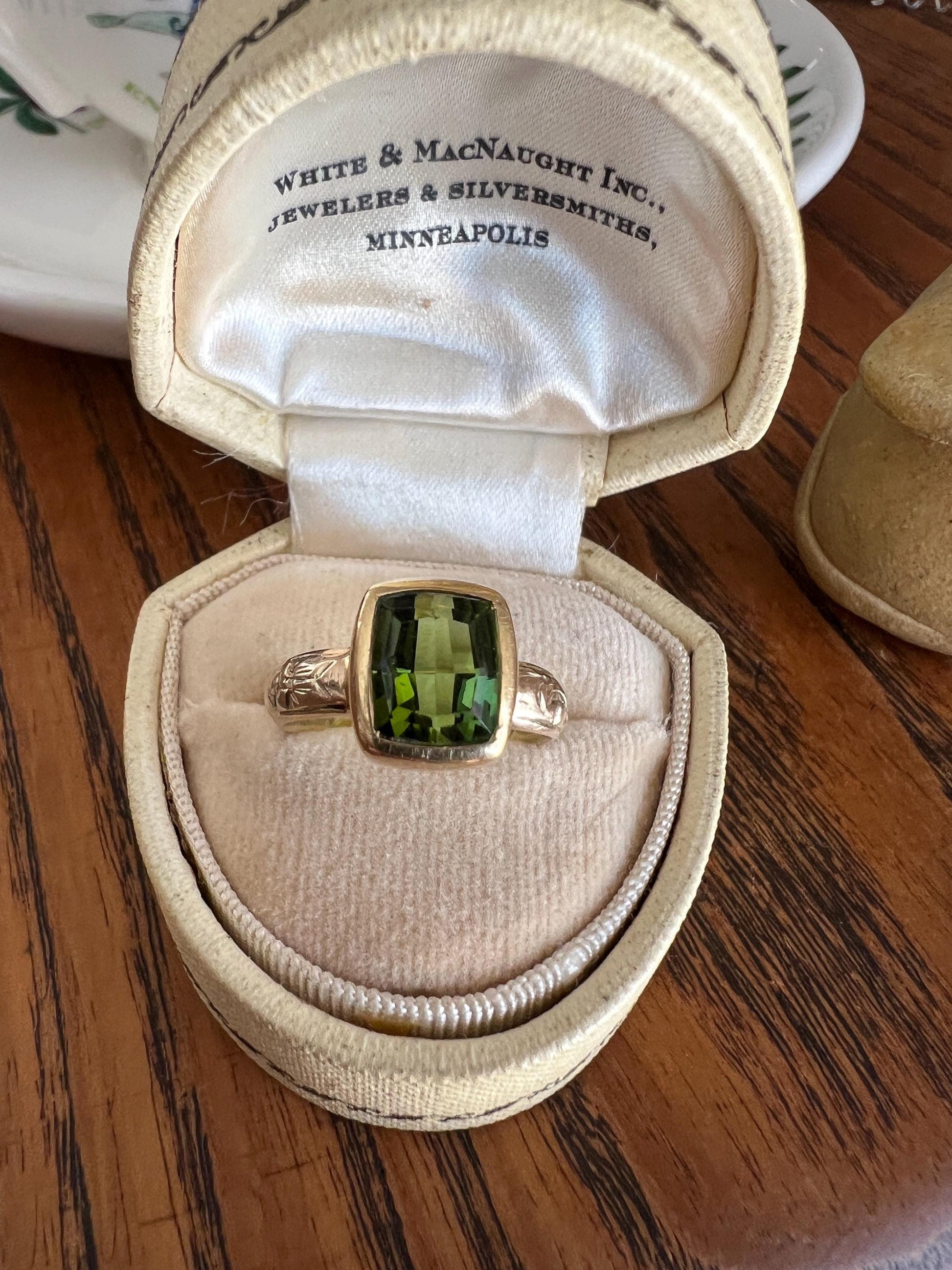 Antique Olive Green Tourmaline Bezel Set Ring 14k 18k Gold Engraved Sweet Floral Engraved Shank Eternity Wedding Band Forget Me Not Stacker