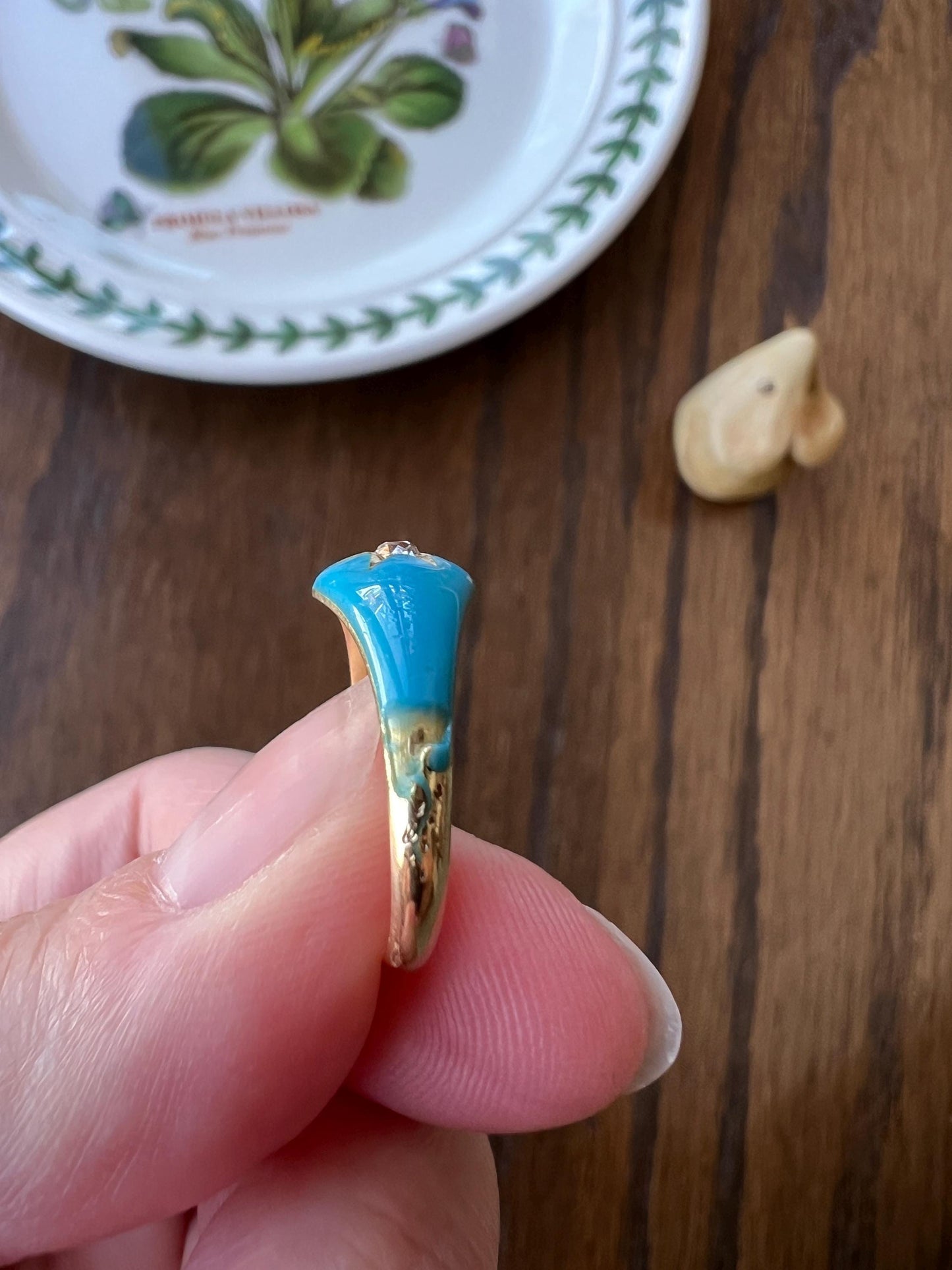 Antique STAR Old Mine Cut DIAMOND Robin Egg Blue Enamel Ring French Antique 18k Gold Victorian Stacker Band Domed Figural Romantic Gift OmC