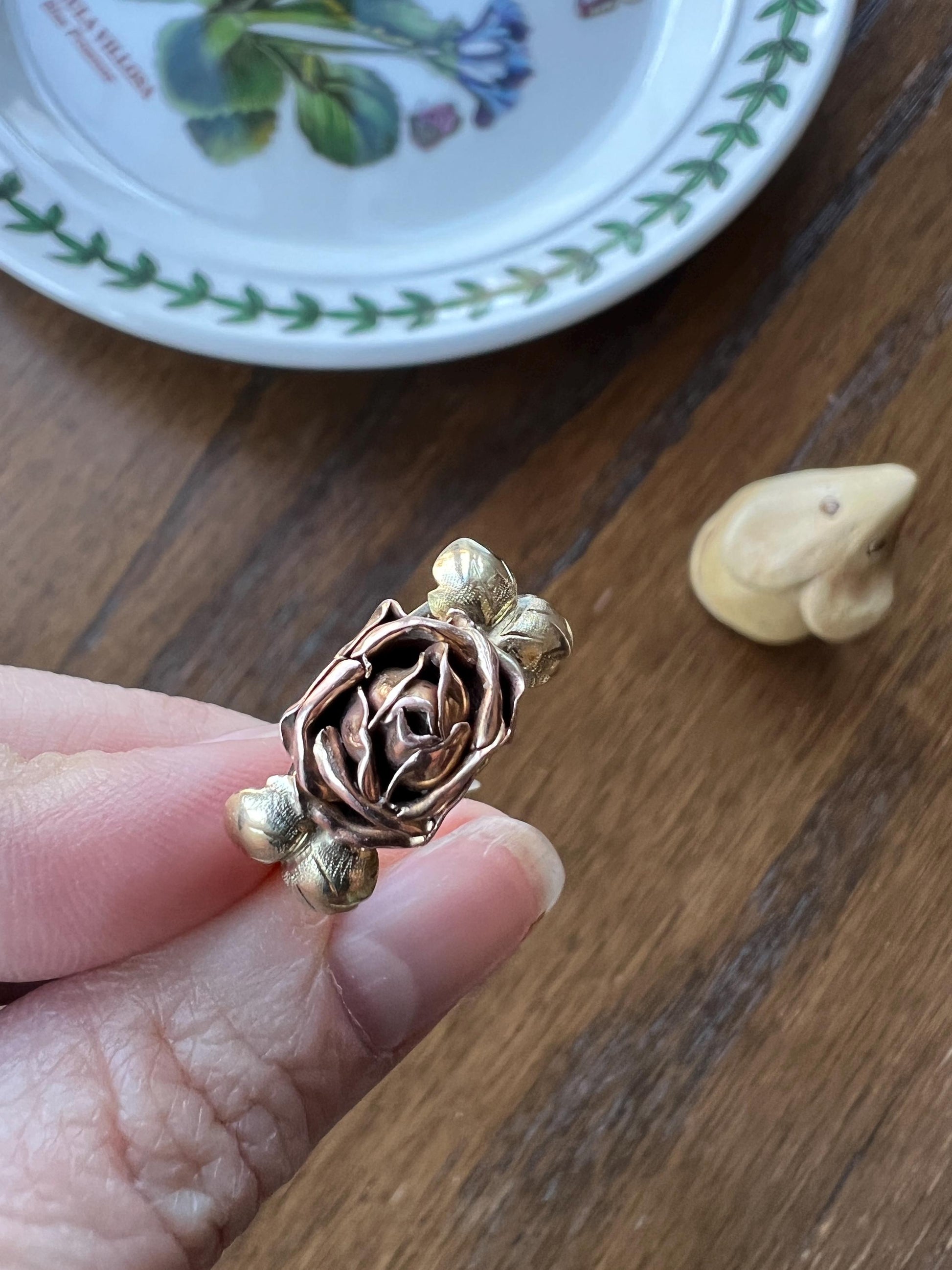 Antique ROSE Figural Flower Art Deco 14k Gold Two Tone Rose Petals & Yellow 3D Ring Tall Ornate Stacker Art Deco Figural Romantic Gift Love