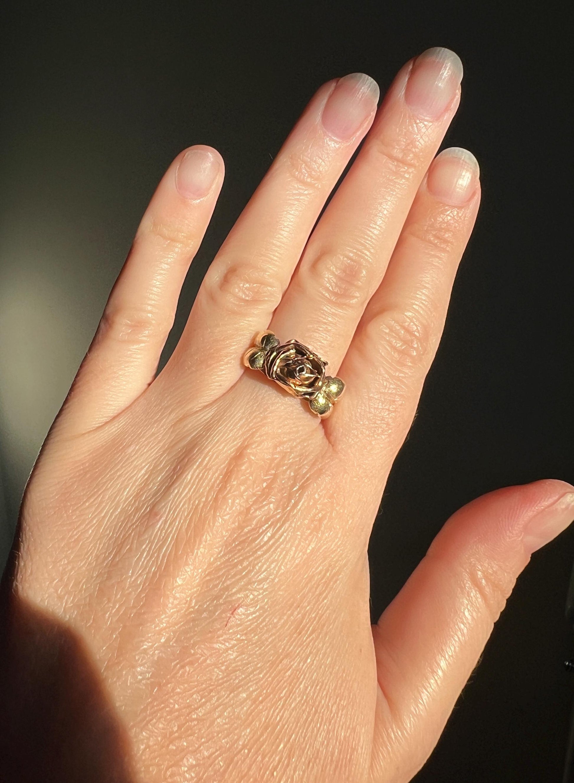 Antique ROSE Figural Flower Art Deco 14k Gold Two Tone Rose Petals & Yellow 3D Ring Tall Ornate Stacker Art Deco Figural Romantic Gift Love