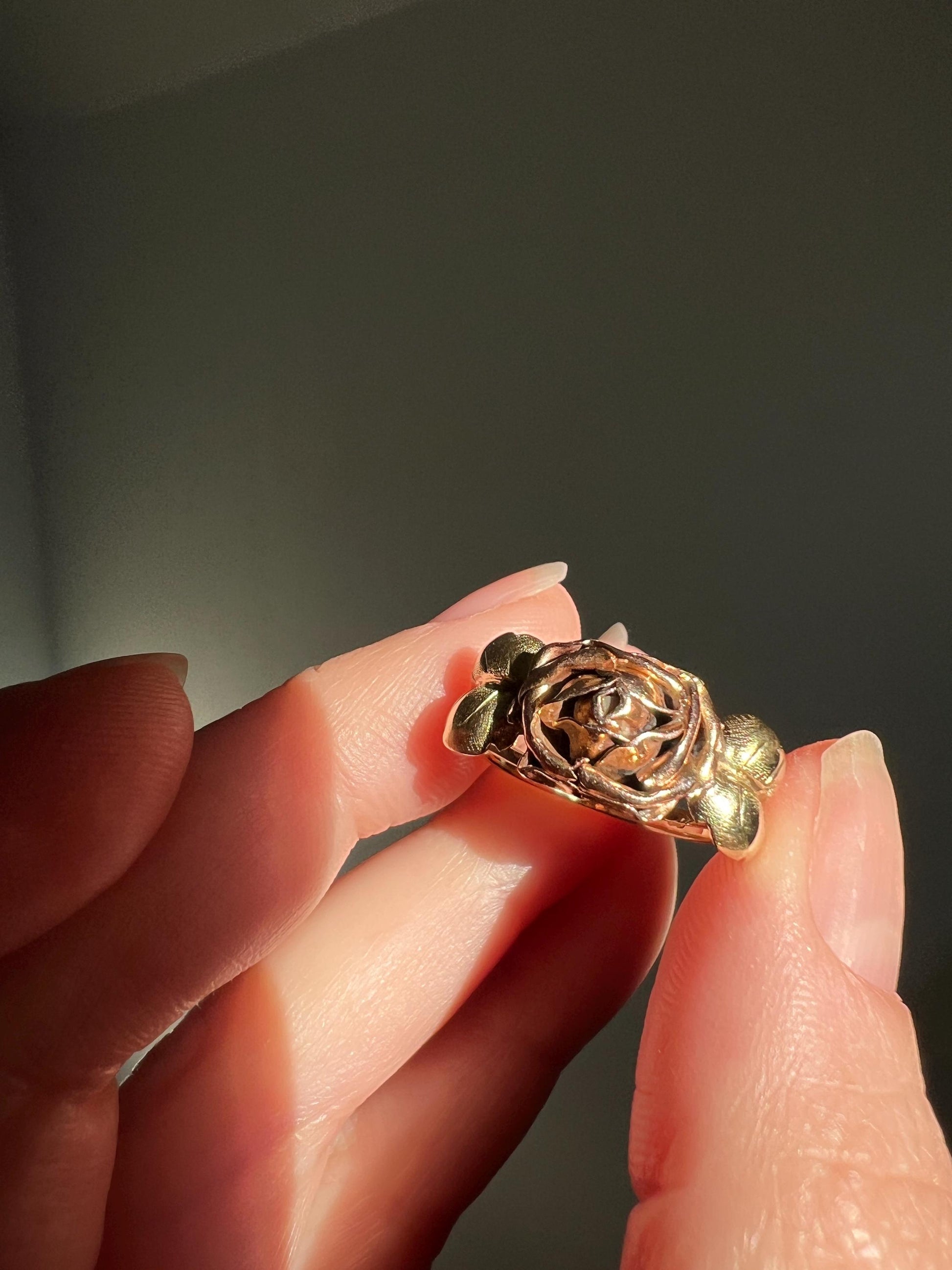 Antique ROSE Figural Flower Art Deco 14k Gold Two Tone Rose Petals & Yellow 3D Ring Tall Ornate Stacker Art Deco Figural Romantic Gift Love