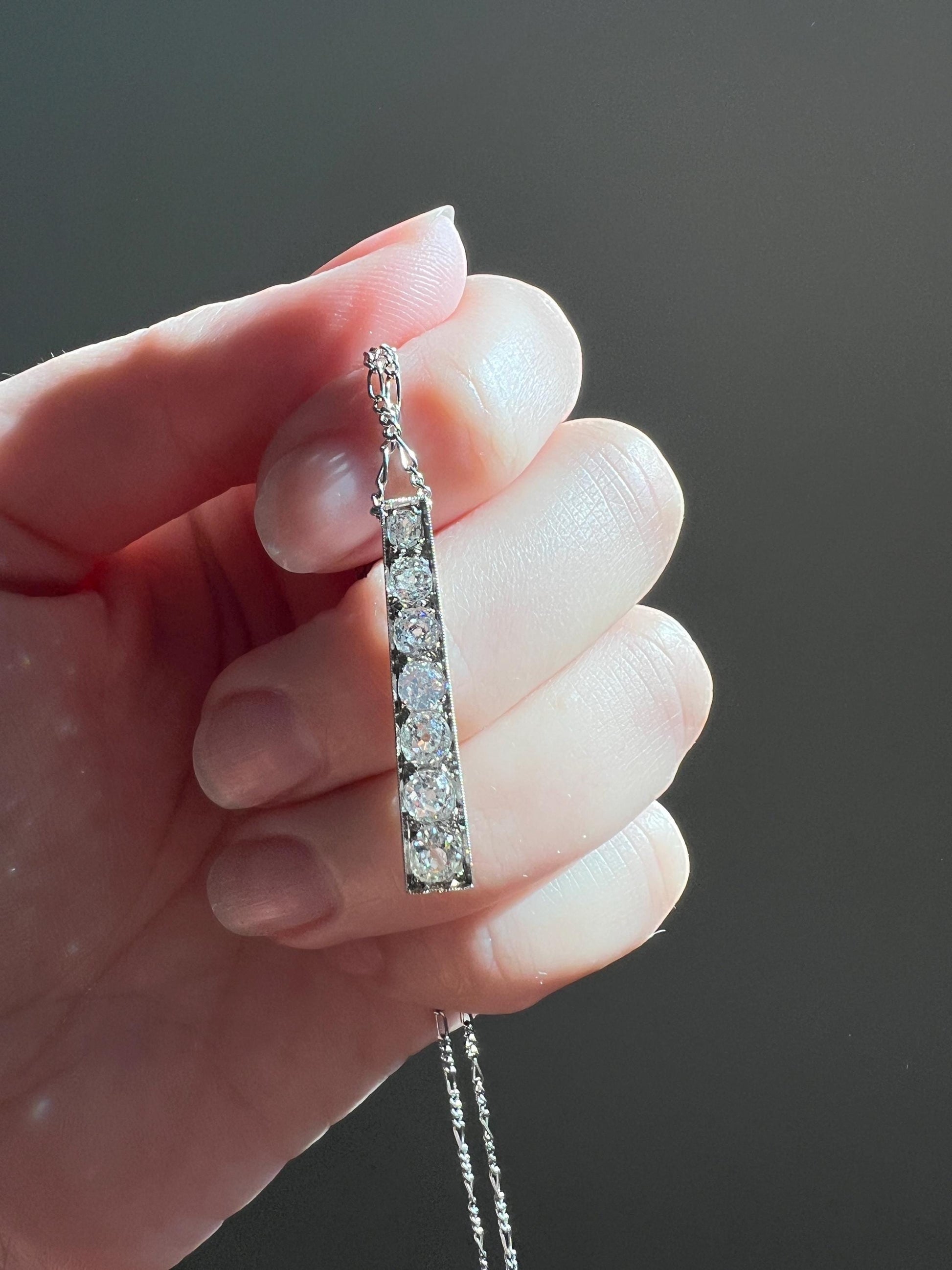 French Antique 1.4 Carat Old Mine Cut DIAMOND Line Dangle Seven Stone PENDANT Geometric 18k White Gold Chain Bridal Something Old OMC Gift