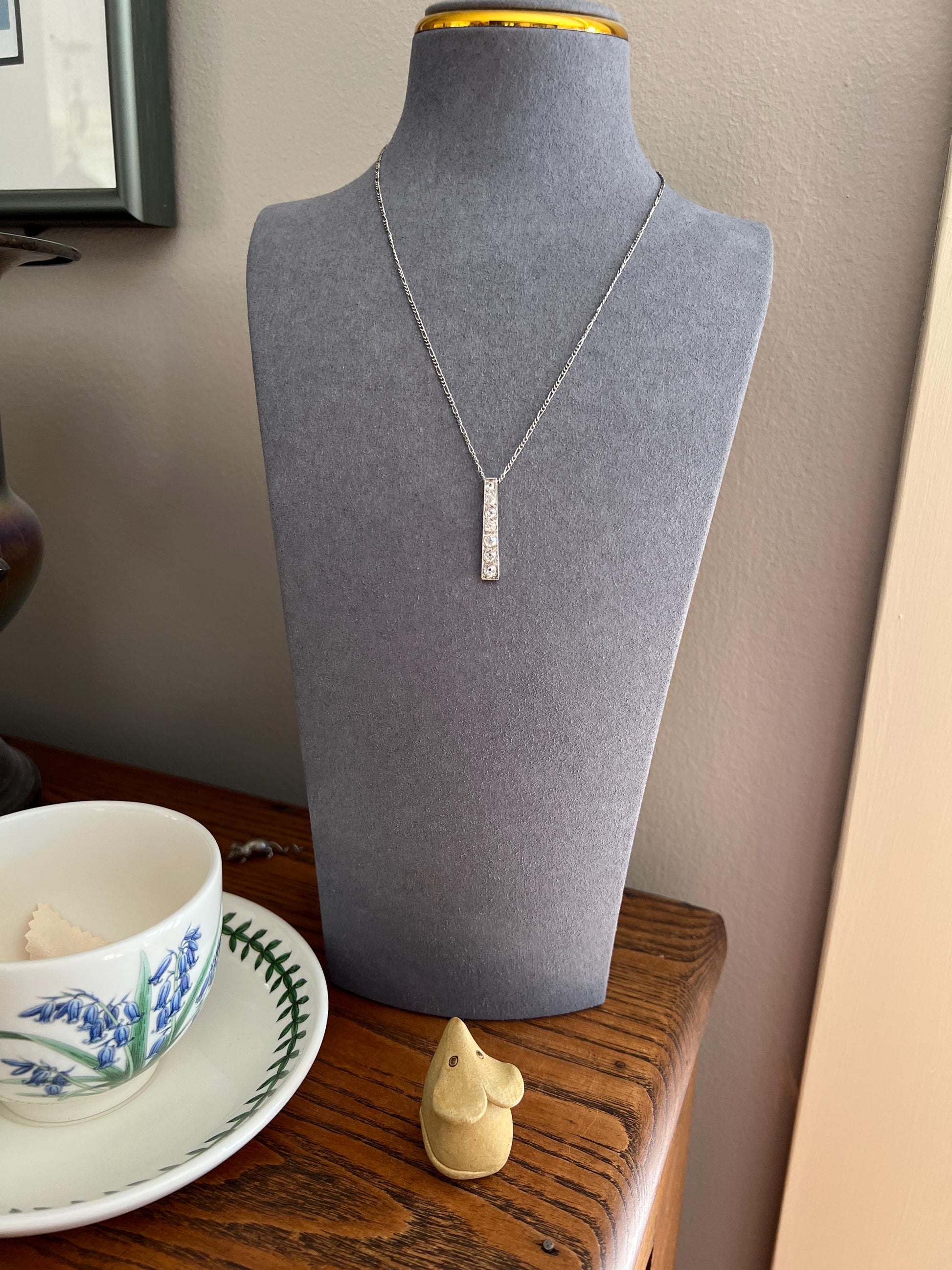 French Antique 1.4 Carat Old Mine Cut DIAMOND Line Dangle Seven Stone PENDANT Geometric 18k White Gold Chain Bridal Something Old OMC Gift