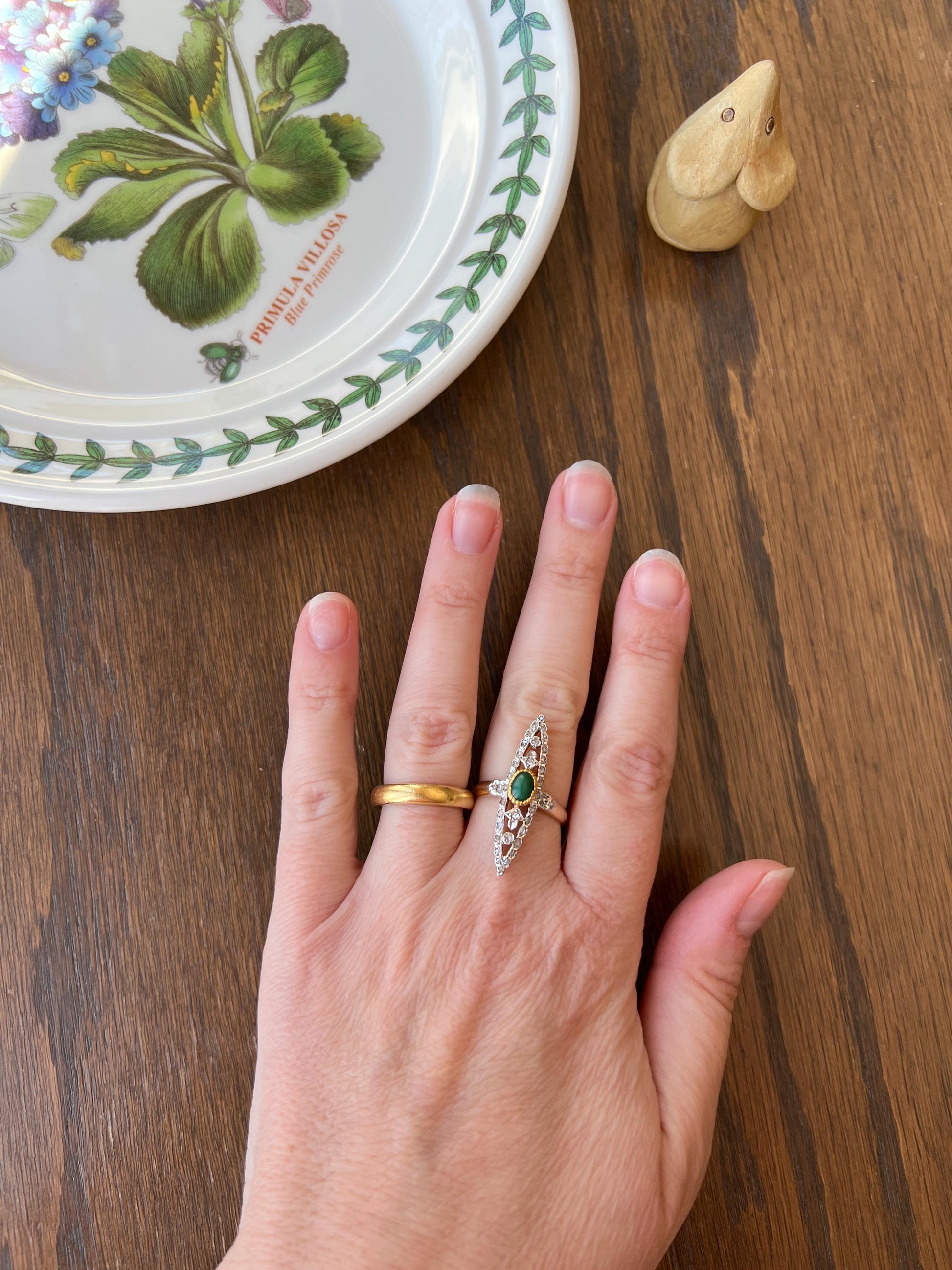 Art NOUVEAU Antique FRENCH Rose Cut Diamond Green Stone Skinny Navette Ring 14k 18k Gold Belle Epoque Romantic Gift Ornate Filigree Drama