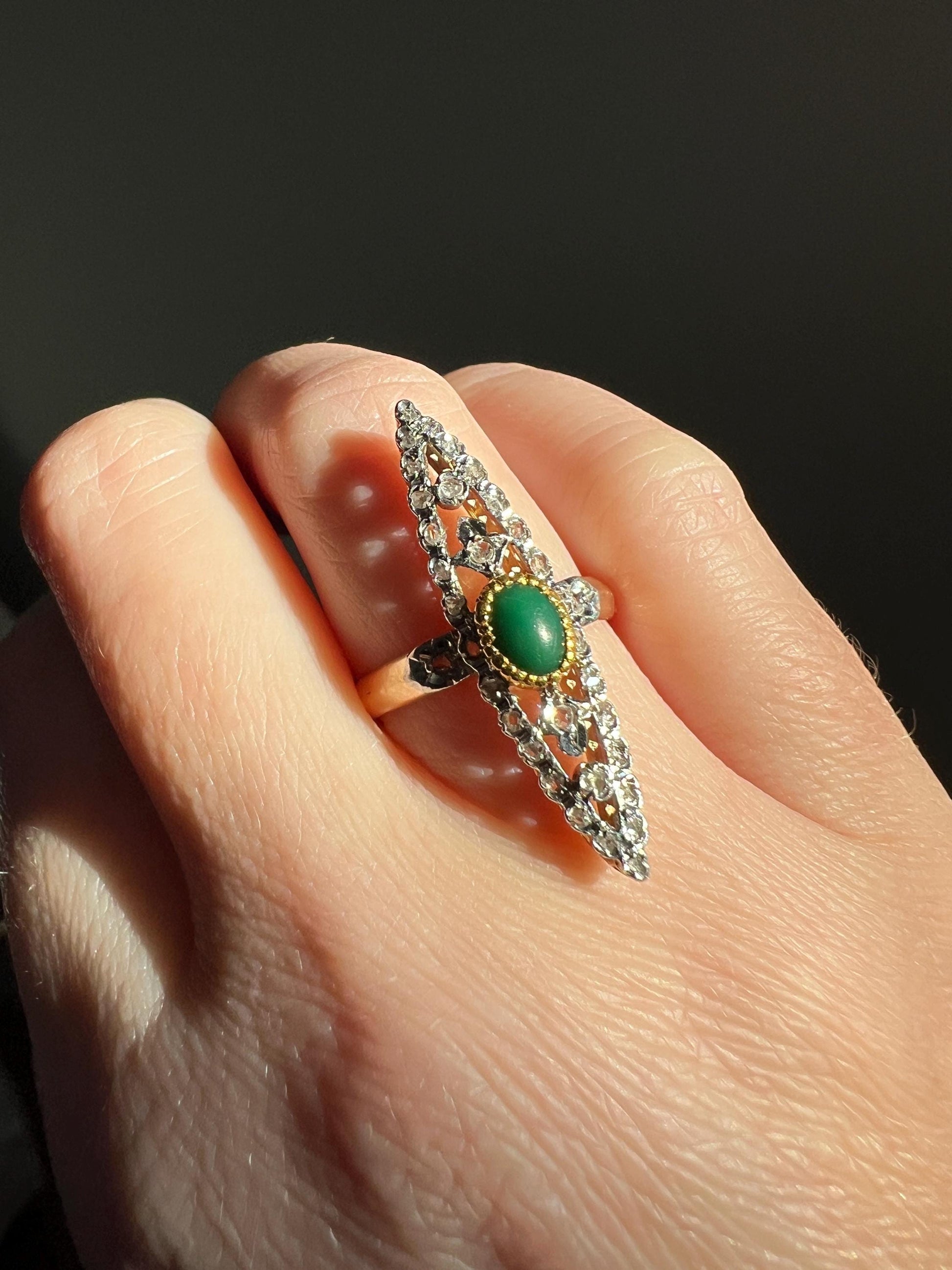 Art NOUVEAU Antique FRENCH Rose Cut Diamond Green Stone Skinny Navette Ring 14k 18k Gold Belle Epoque Romantic Gift Ornate Filigree Drama