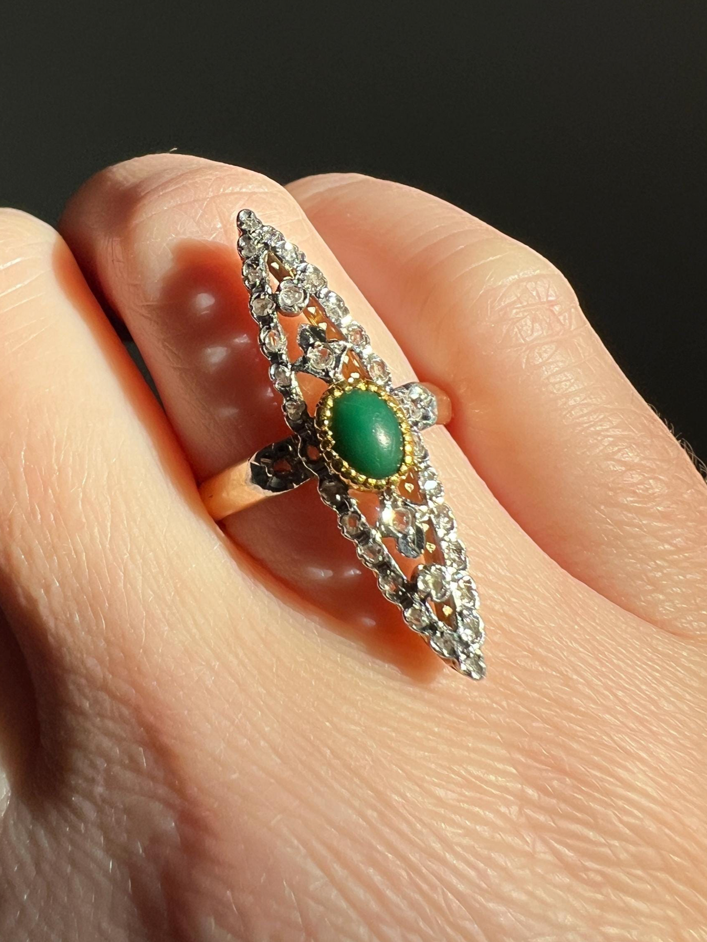 Art NOUVEAU Antique FRENCH Rose Cut Diamond Green Stone Skinny Navette Ring 14k 18k Gold Belle Epoque Ornate Filigree