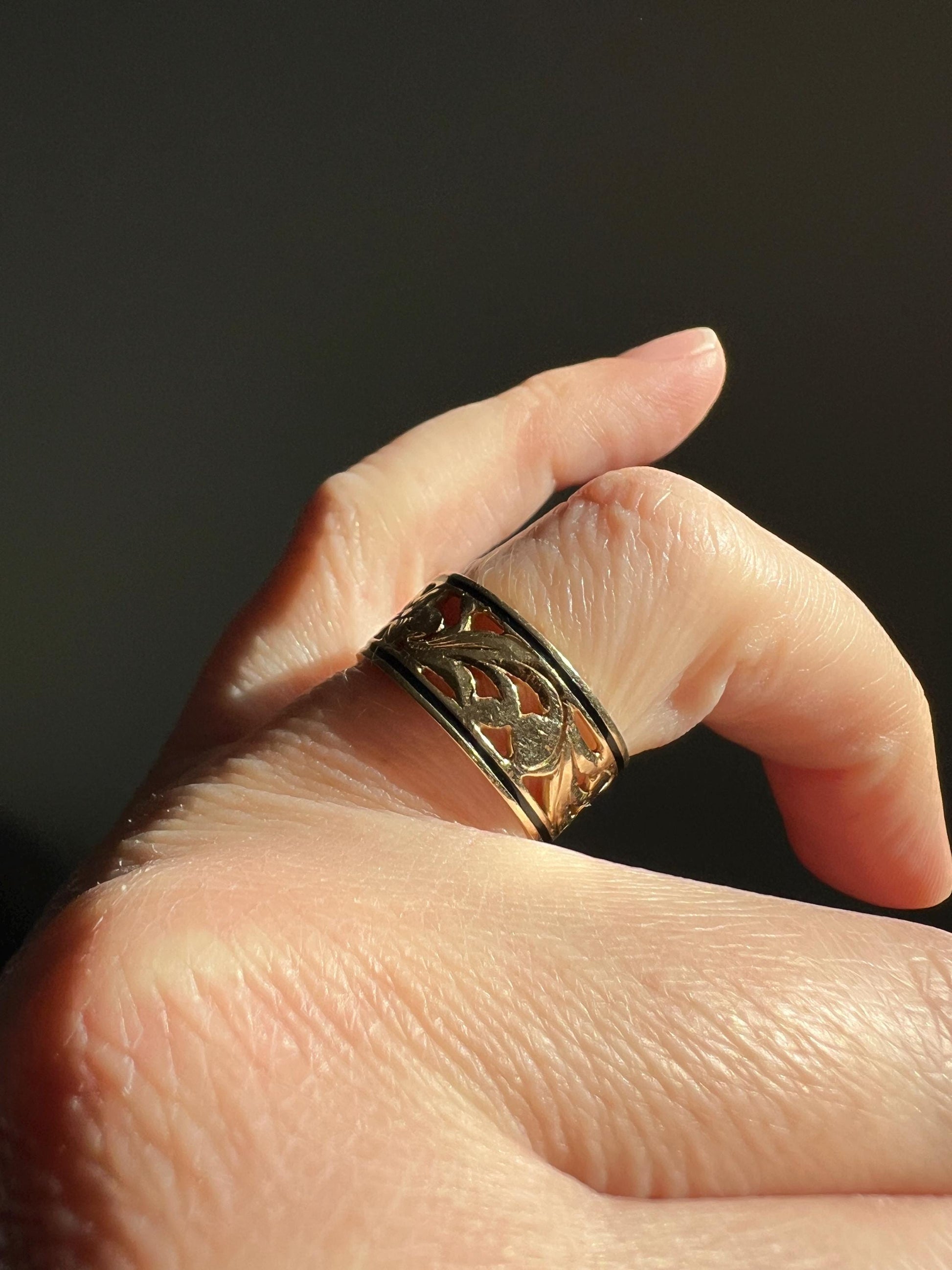FORGET Me NOT Antique Orange Blossom Swirl Black Enamel Floral Cigar Band Eternity Ring 8.3mm Wide 14k Gold Wedding Romantic Gift Stacker