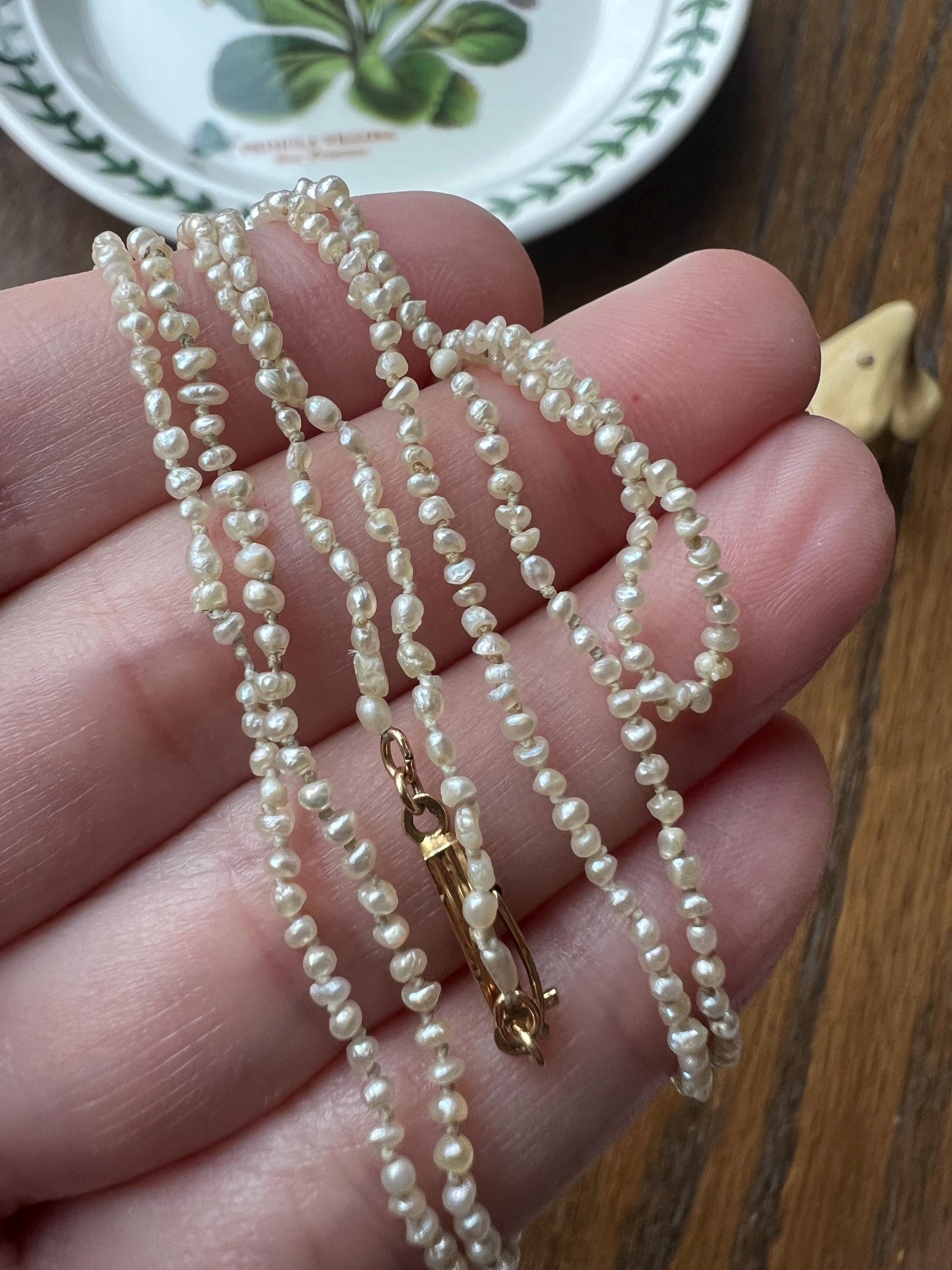 DAINTY Skinniest ANTIQUE Baroque Creamy Rice Seed Pearl Necklace Station Chain X Long 14k Gold Iridescent Hand Knotted Strung Muff Strand