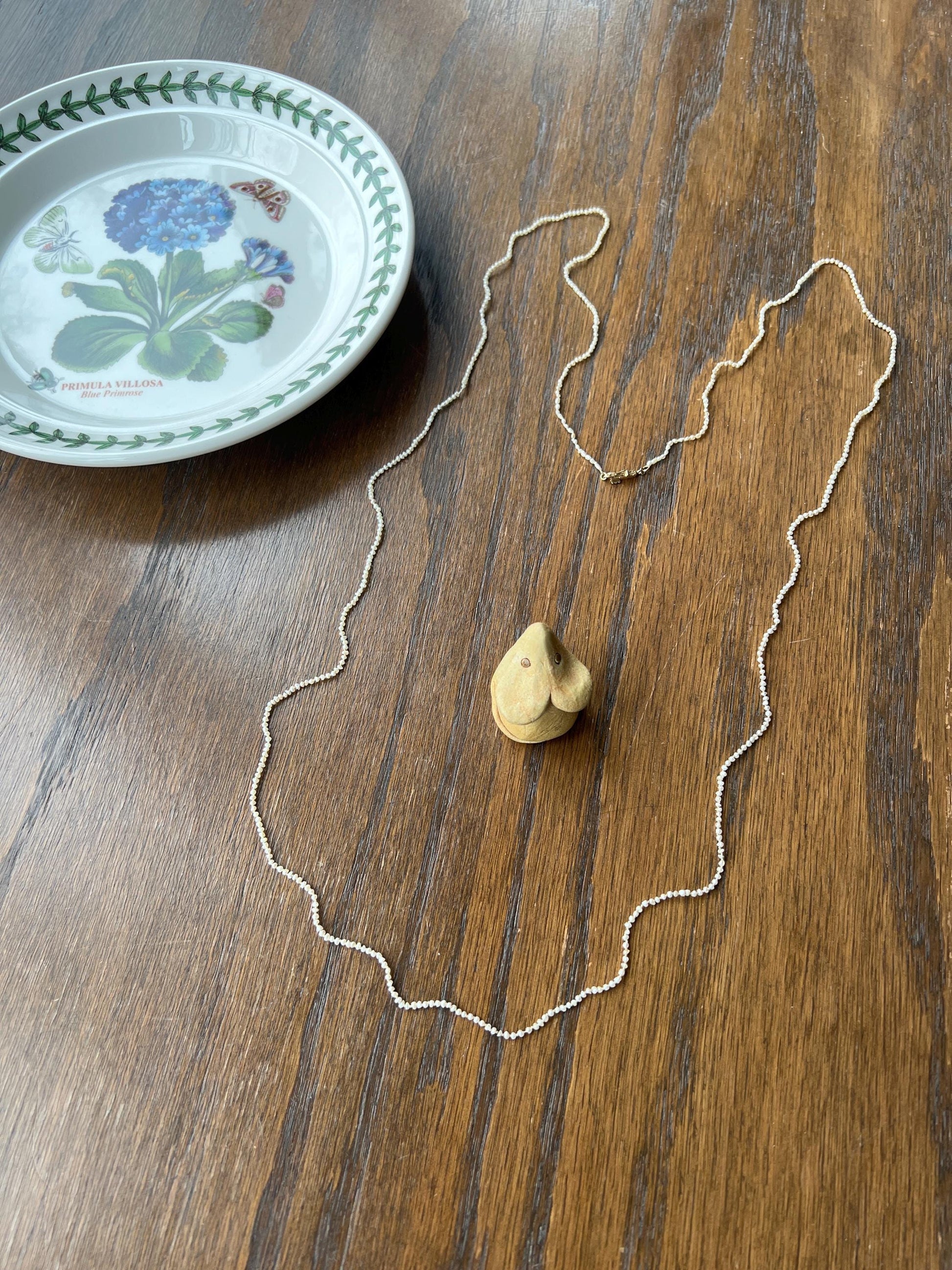DAINTY Skinniest ANTIQUE Baroque Creamy Rice Seed Pearl Necklace Station Chain X Long 14k Gold Iridescent Hand Knotted Strung Muff Strand