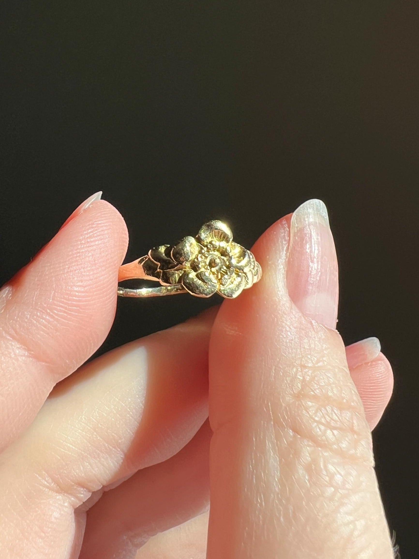 Wild ROSE Flower French Antique Figural Floral RING 18k Gold Solid Romantic Gift Victorian Belle Epoque Stacker
