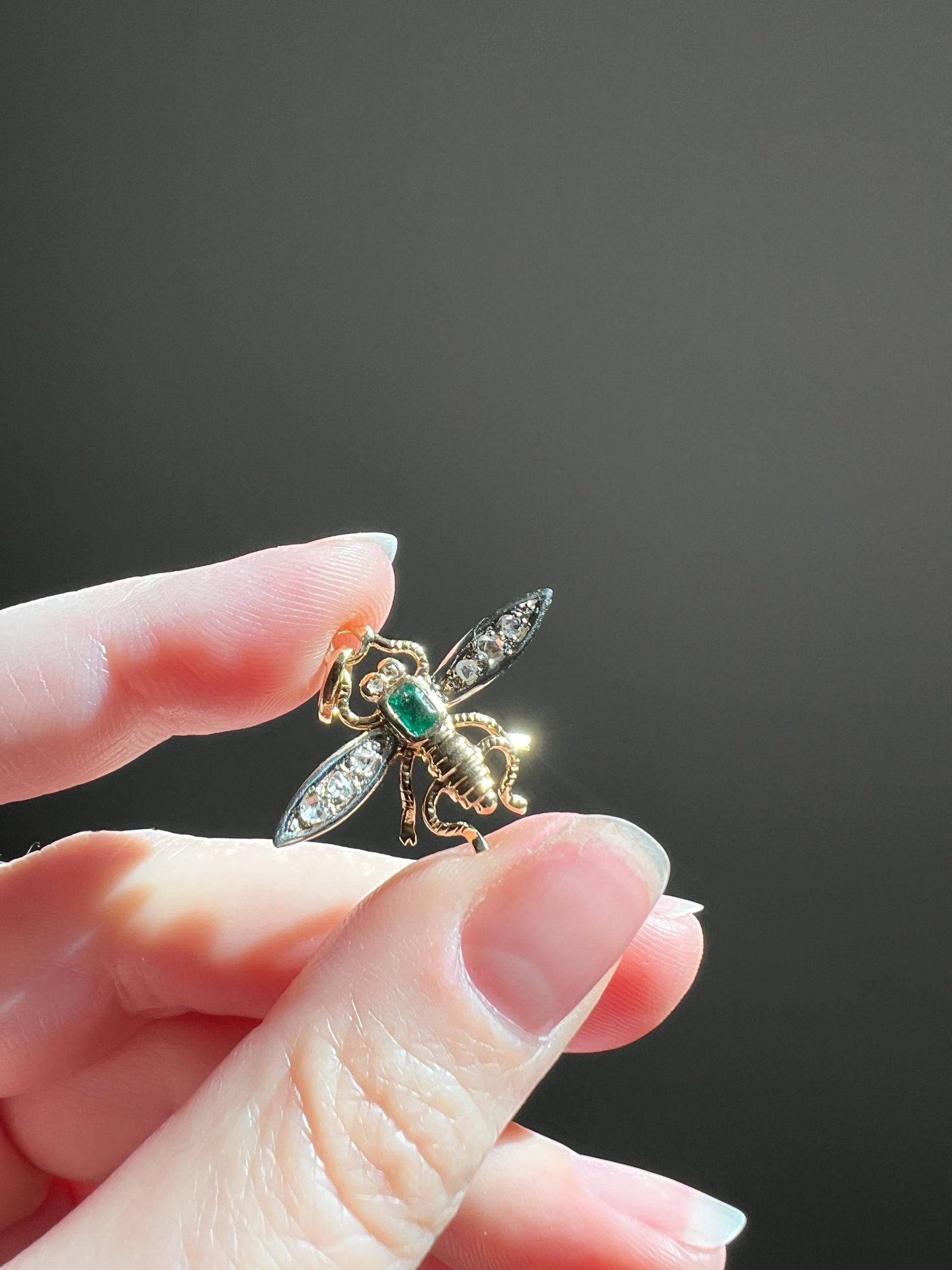 BUG Fly Bumblebee Bee French Antique Victorian Figural Pendant Emerald Rose Cut DIAMOND 18k Gold Silver Figural Wings Green Belle Epoque