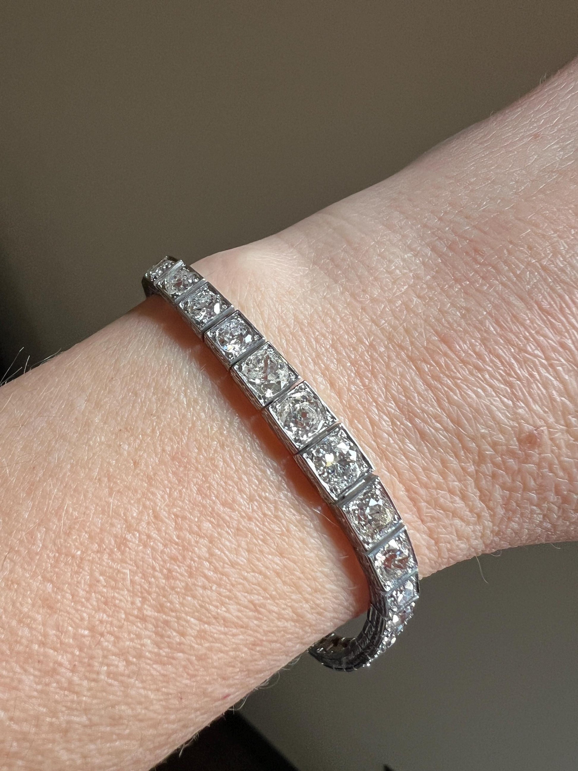 Antique 9.75 CARAT 38 Old European & Mine Cut DIAMOND Line Bracelet PLATINUM French Geometric Engraved Wriststack Belle Epoque OmC Tennis
