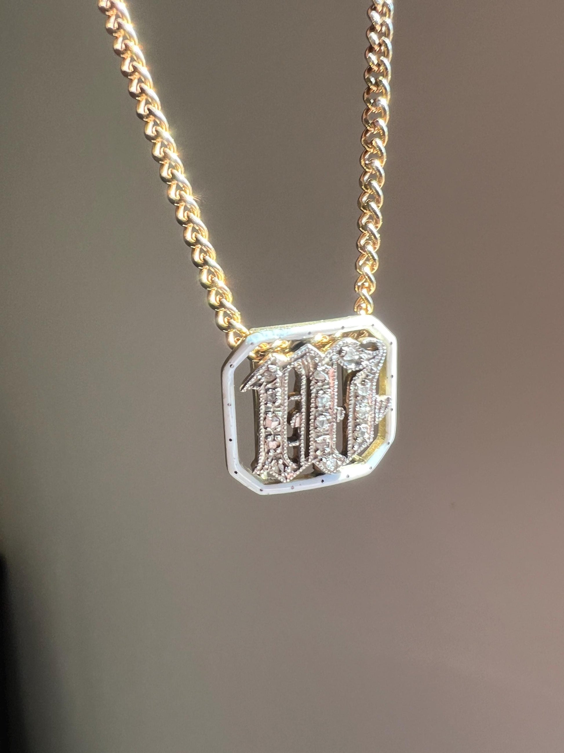 Antique INITIAL M or W Letter Rose Cut DIAMOND Pendant 14k Gold Enamel Bracelet Necklace Charm Gift Symbol Victorian - Art Deco Geometric