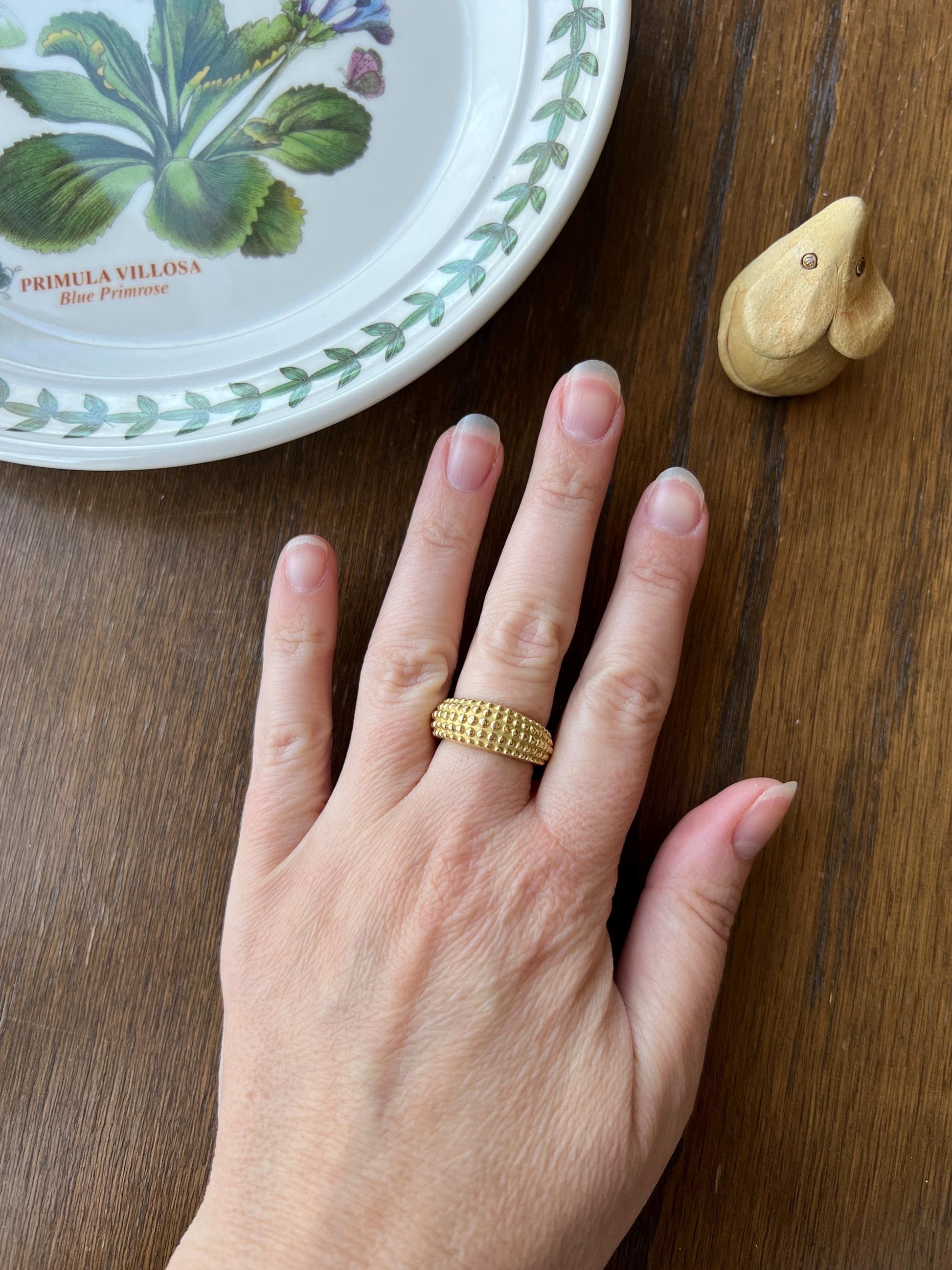 Heavy Ball Rivet Domed Band French Beaded 18k Gold Ring Satin & Shine Chunky Bombe Stacker Glowing 360 Texture Layering Statement Fun Retro