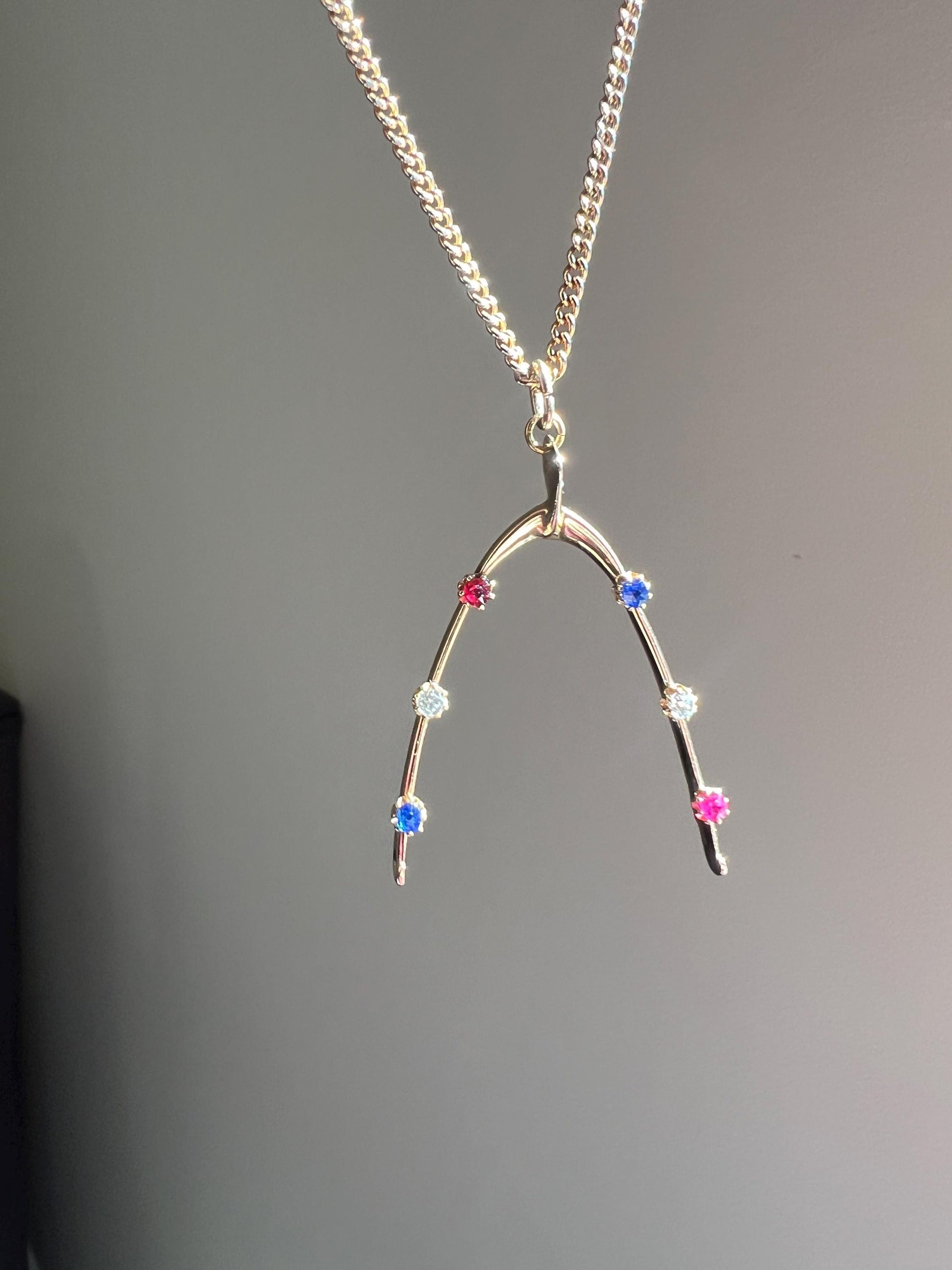 XL Lucky WISHBONE Figural Antique Victorian Good Luck Charm 15k Gold Ruby Sapphire Old Mine Cut Diamond Colorful Amulet Neckmess Neckstack