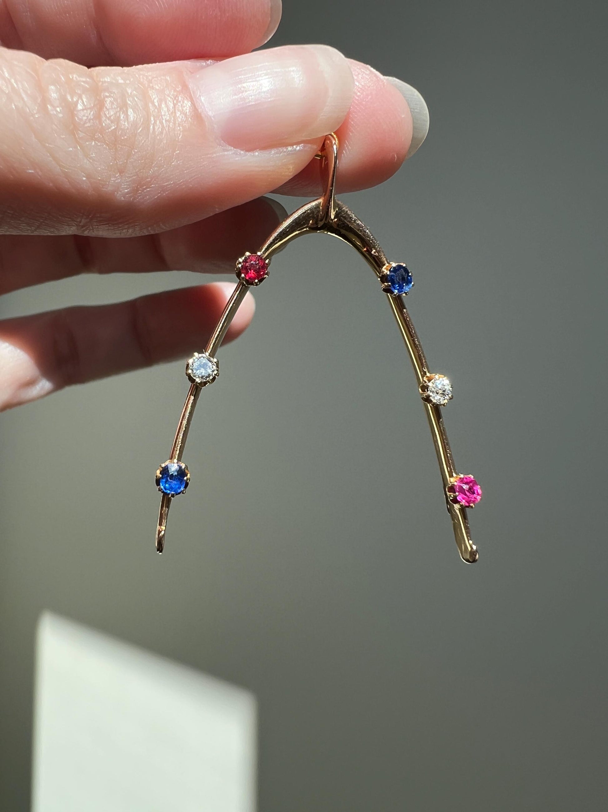 XL Lucky WISHBONE Figural Antique Victorian Good Luck Charm 15k Gold Ruby Sapphire Old Mine Cut Diamond Colorful Amulet Neckmess Neckstack