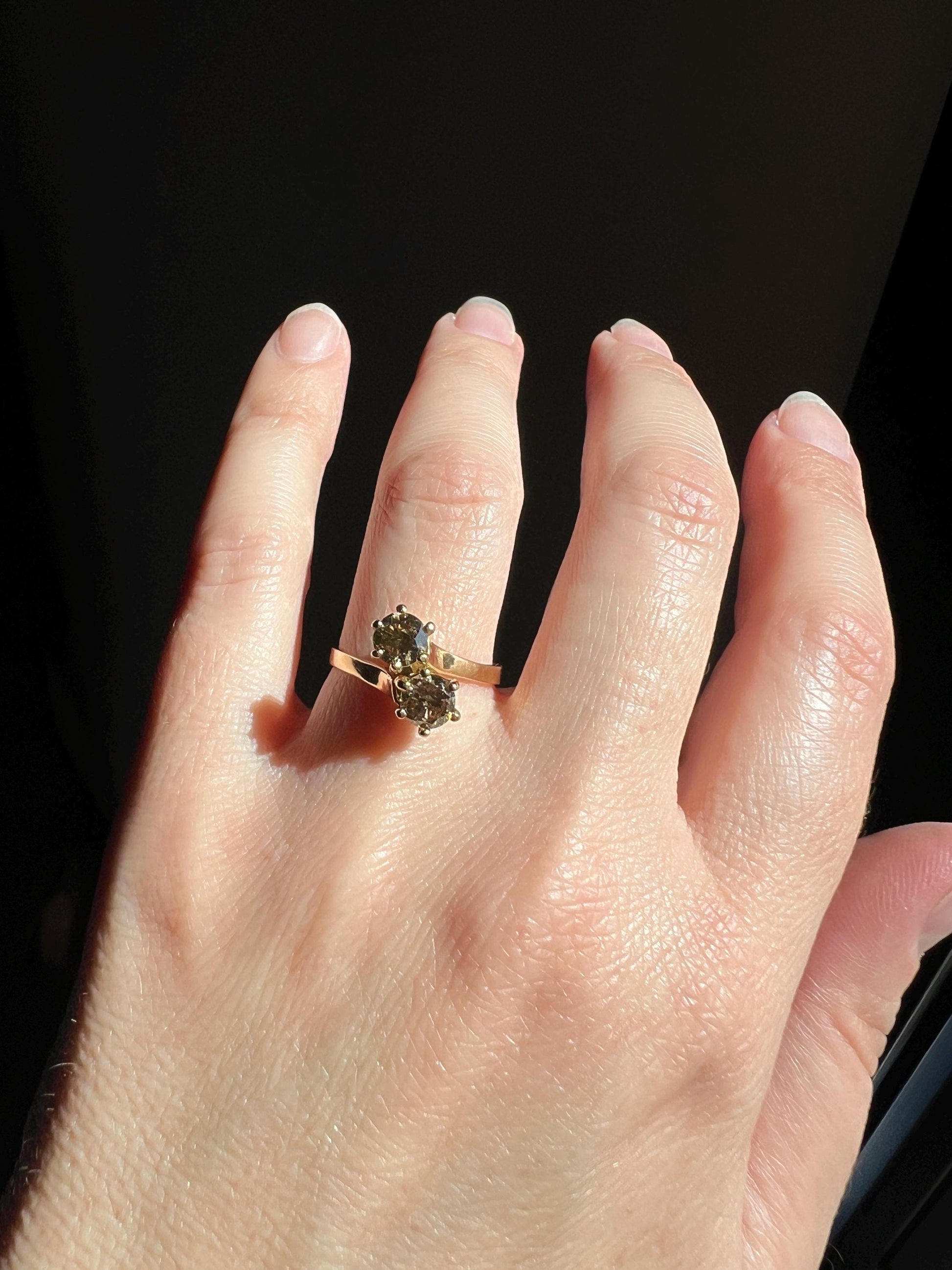 Fancy BROWN 1 Carat Tdw Transitional Cut DIAMOND Toi et Moi Ring 18k Gold Tall Champagne Cognac Stacker French Unique Romantic Gift 1Ctw
