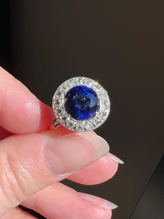 Blue Sapphire Rose Cut DIAMOND Halo Ring French Antique Band Ring 18k Gold Platinum