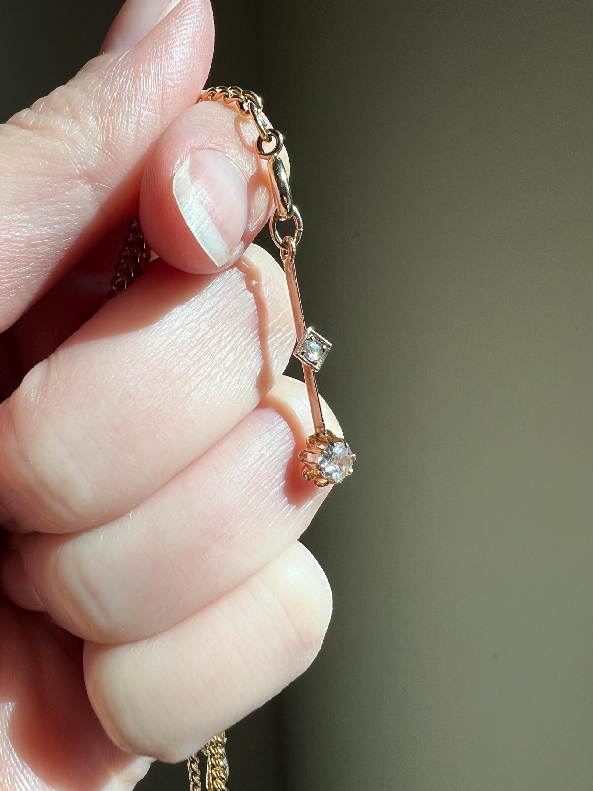 VICTORIAN Antique Old Mine Cut DIAMOND Rose Cut Dangle PENDANT Linear Charm 18k Gold 10k Loop French Belle Epoque Buttercup Minimalist Gift