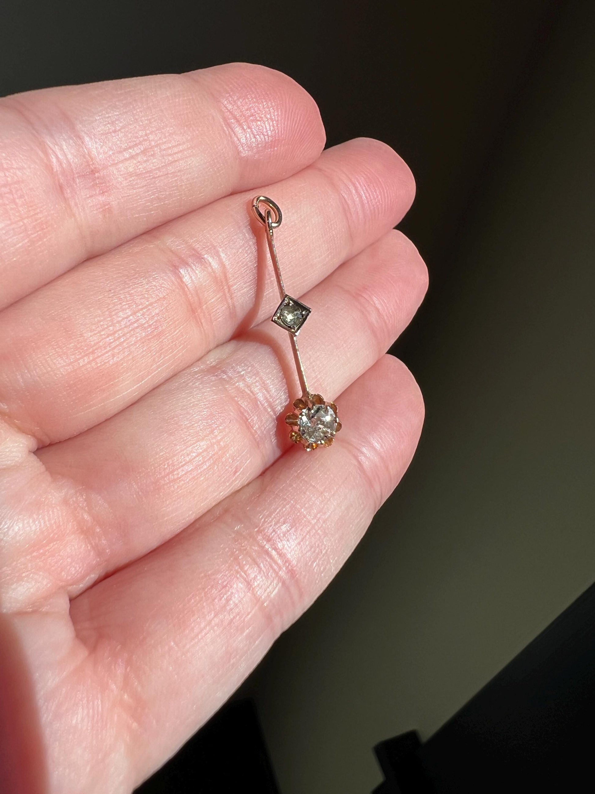 VICTORIAN Antique Old Mine Cut DIAMOND Rose Cut Dangle PENDANT Linear Charm 18k Gold 10k Loop French Belle Epoque Buttercup Minimalist Gift