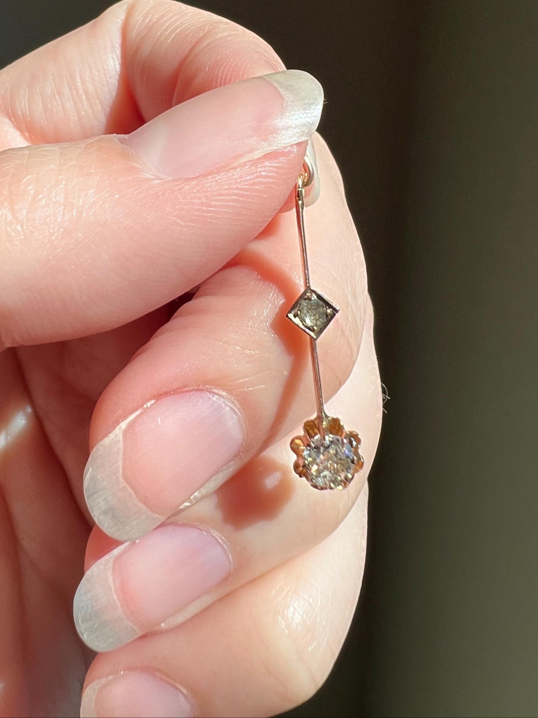 VICTORIAN Antique Old Mine Cut DIAMOND Rose Cut Dangle PENDANT Linear Charm 18k Gold 10k Loop French Belle Epoque Buttercup Minimalist Gift