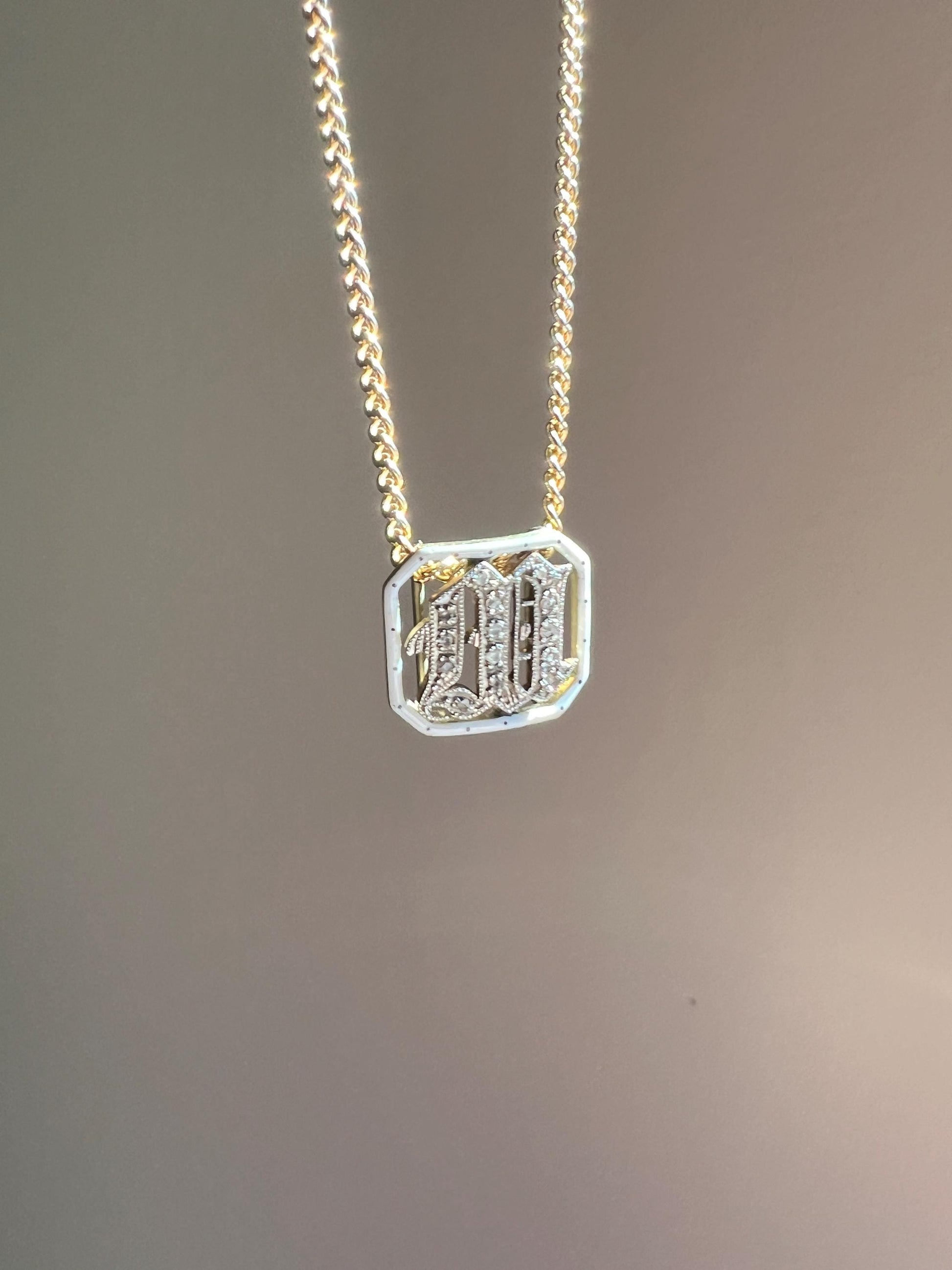 Antique INITIAL M or W Letter Rose Cut DIAMOND Pendant 14k Gold Enamel Bracelet Necklace Charm Gift Symbol Victorian - Art Deco Geometric