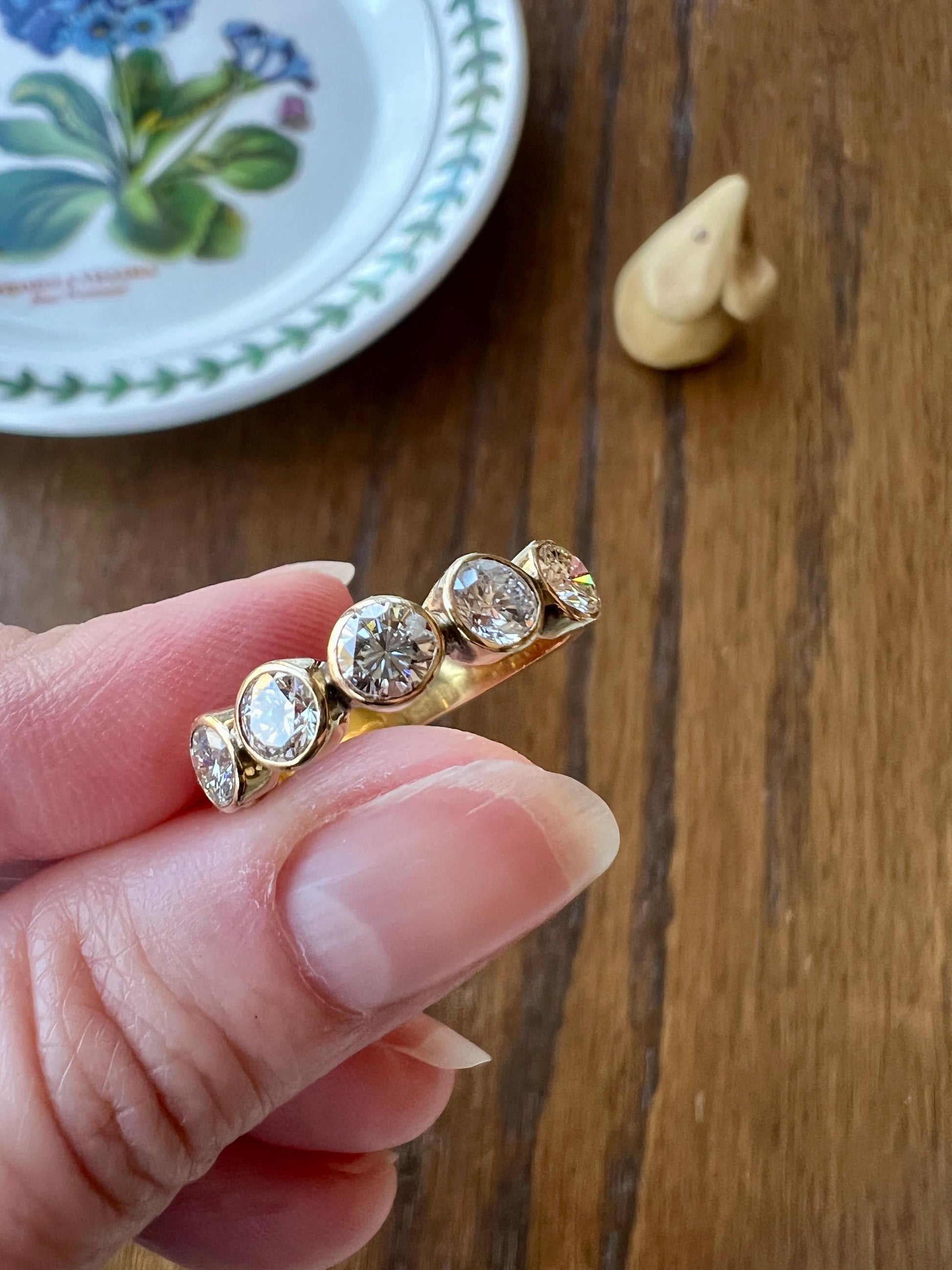 Vintage 1.35 Carat DIAMOND Uniform Five Stone Band Stacker Ring 18k Gold French Wedding Circular Bezel Set Half Hoop Linear 1 1/3 1.35Ctw