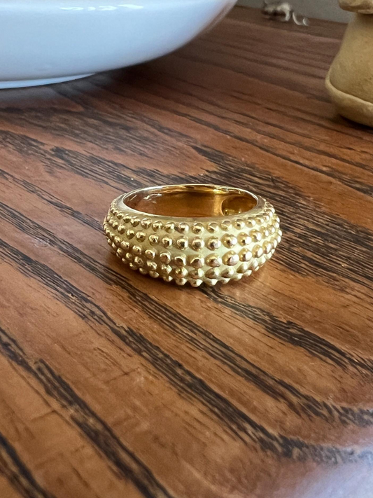 Heavy Ball Rivet Domed Band French Beaded 18k Gold Ring Satin & Shine Chunky Bombe Stacker Glowing 360 Texture Layering