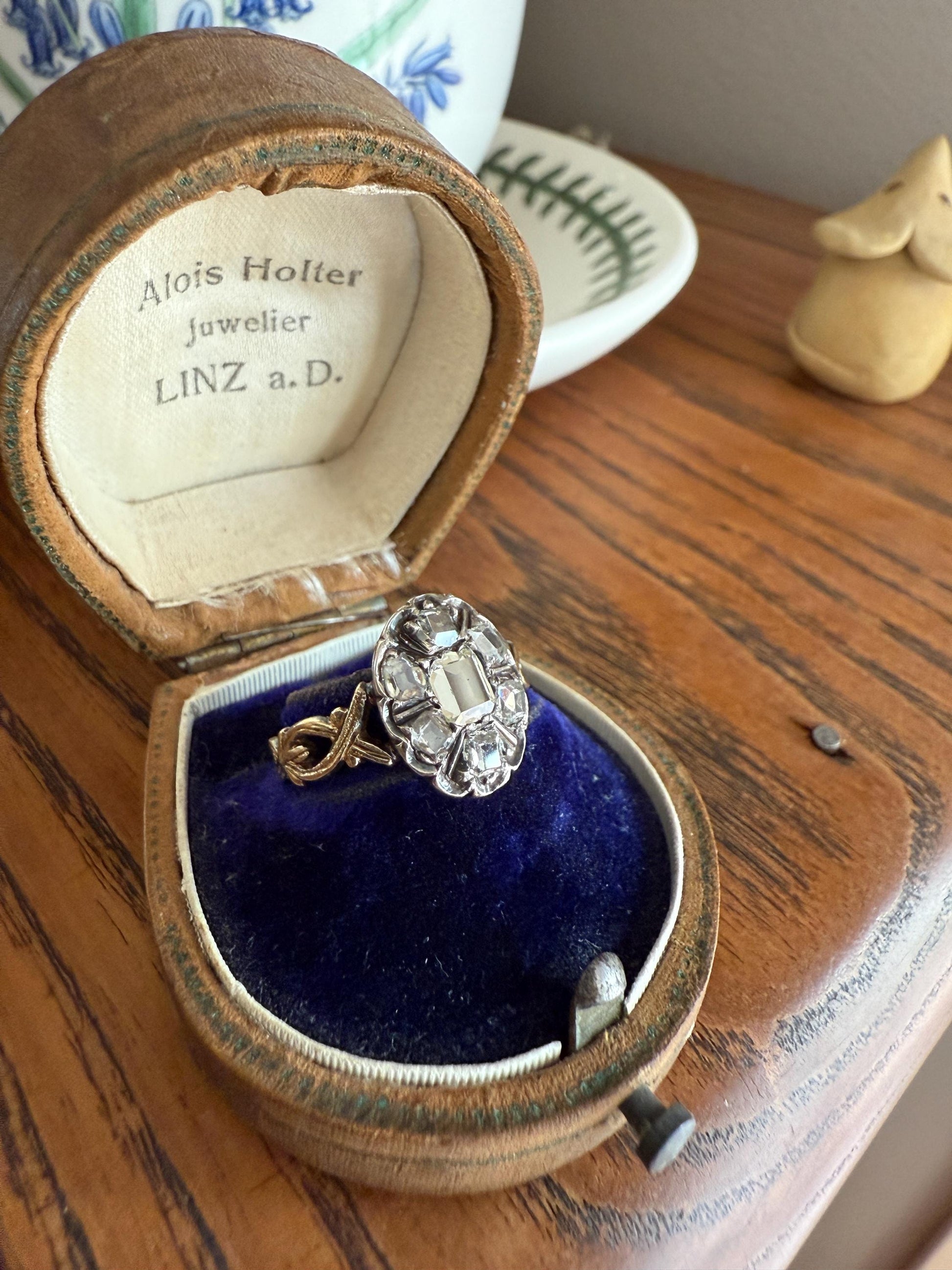 French Early Victorian Era Antique Open Back Table Cut DIAMOND Oval Cluster Ring 18k Gold Scarce Romantic Gift 1800s Ornate Band Stacker