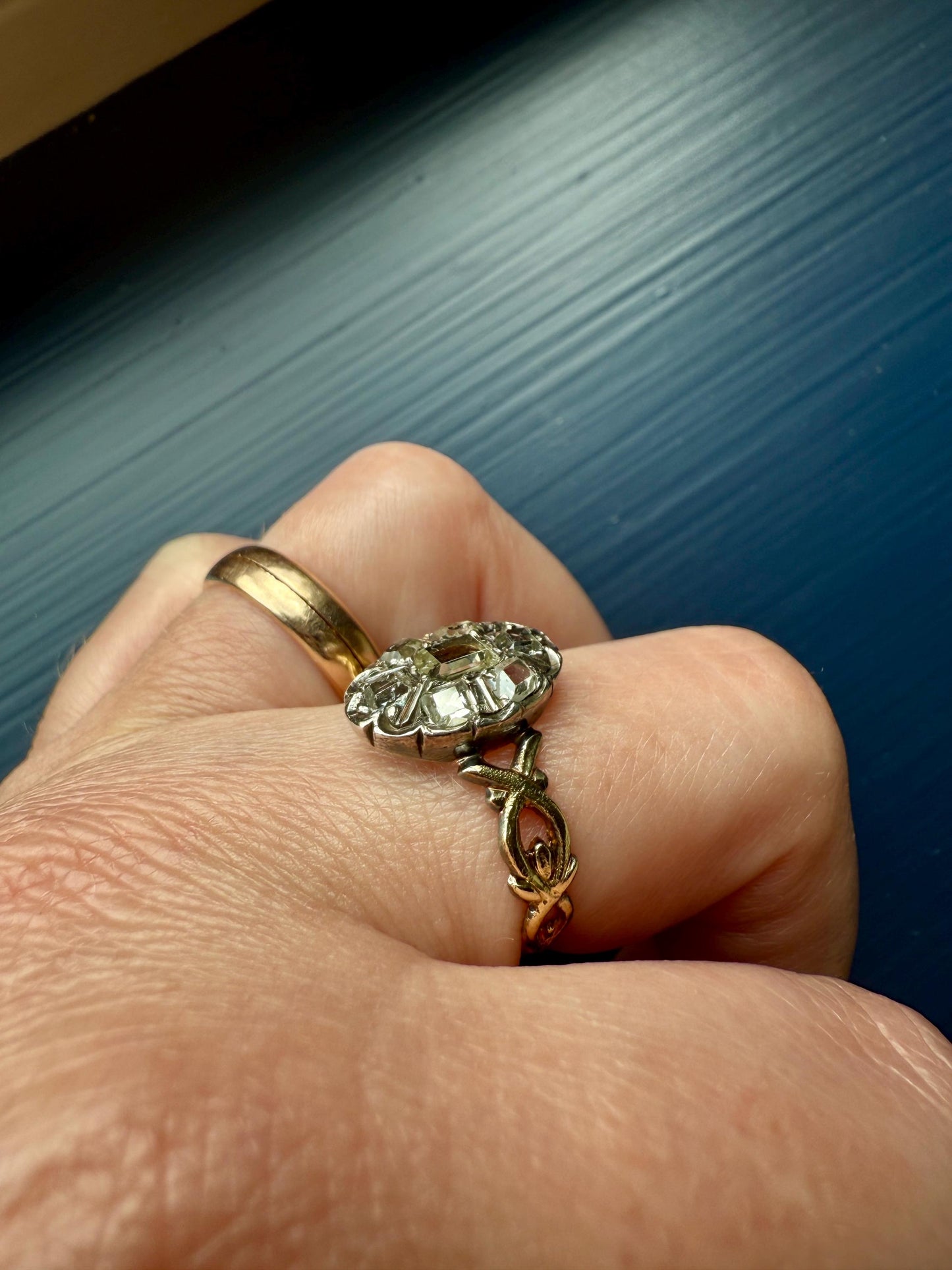 French Early Victorian Era Antique Open Back Table Cut DIAMOND Oval Cluster Ring 18k Gold Scarce Romantic Gift 1800s Ornate Band Stacker